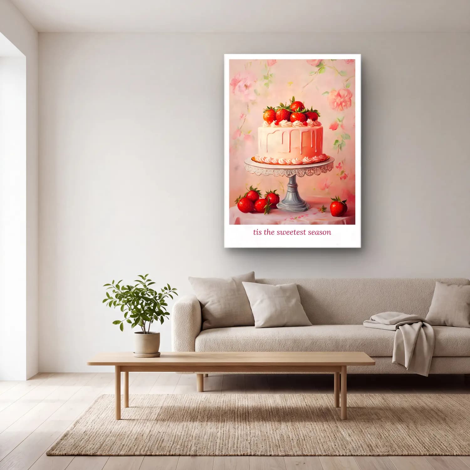 Pastel Çilekler No. 2 cam tablo — açık renk salonda
