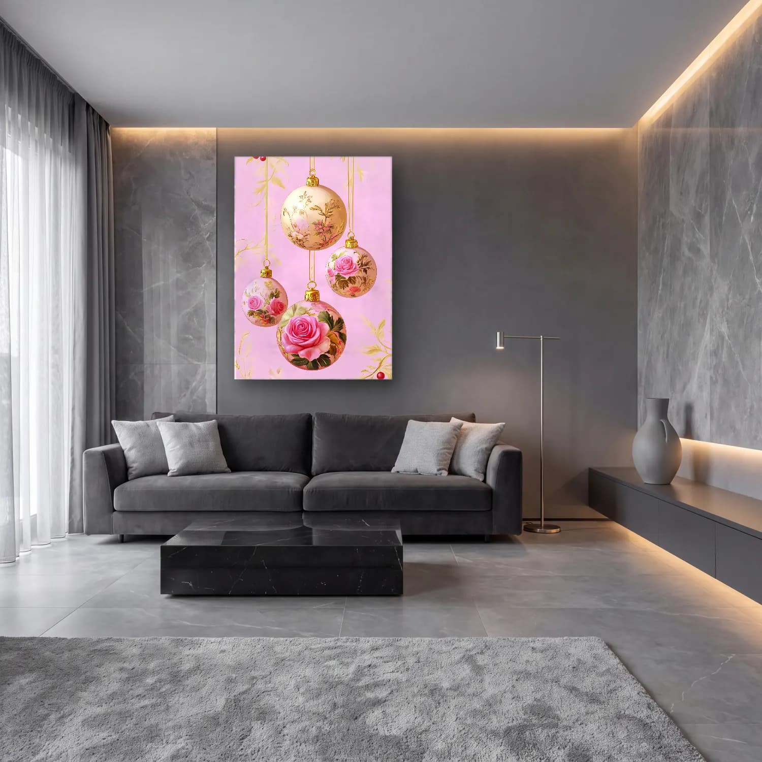 Pastel Yılbaşı Süsleri No. 6 cam tablo — lüks salon duvarında