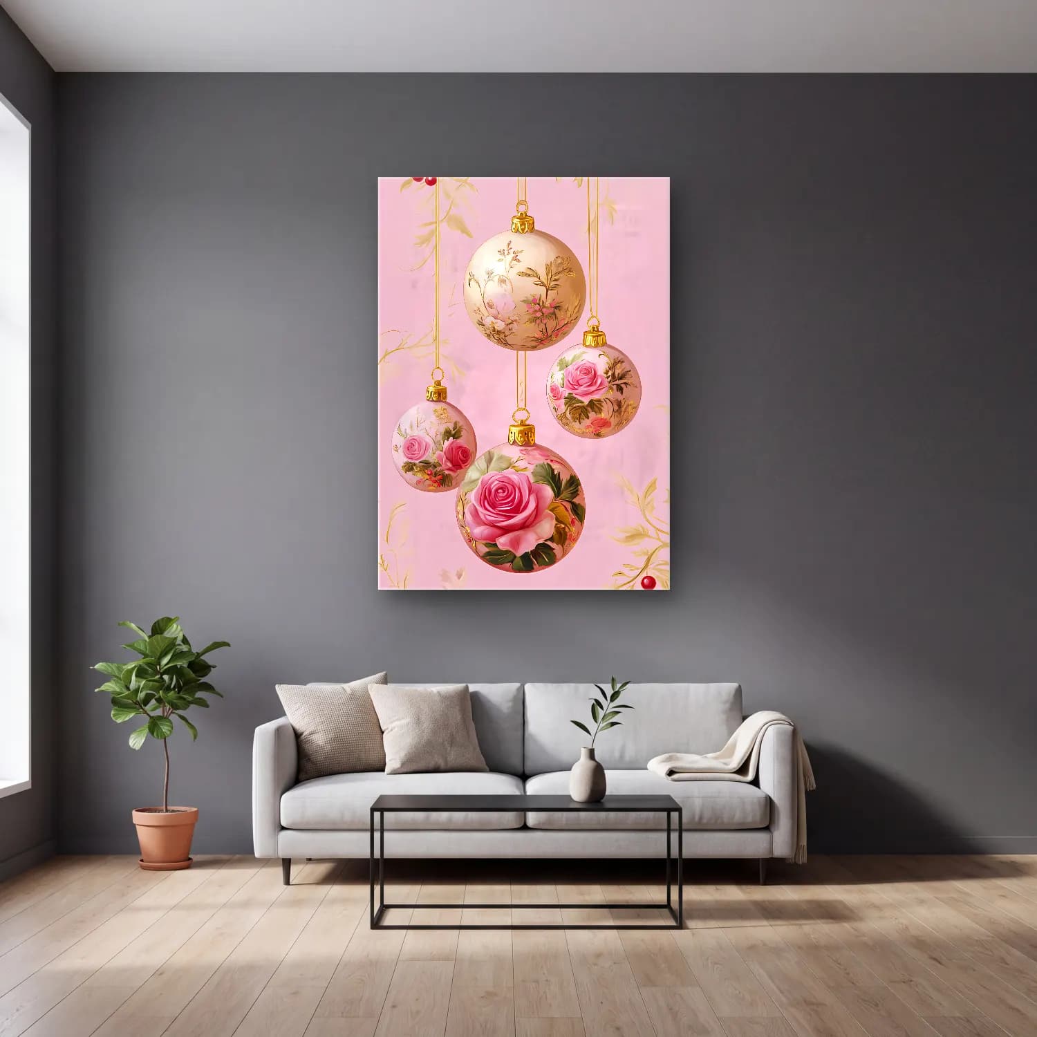 Pastel Yılbaşı Süsleri No. 6 cam tablo — gri duvarlı salonda