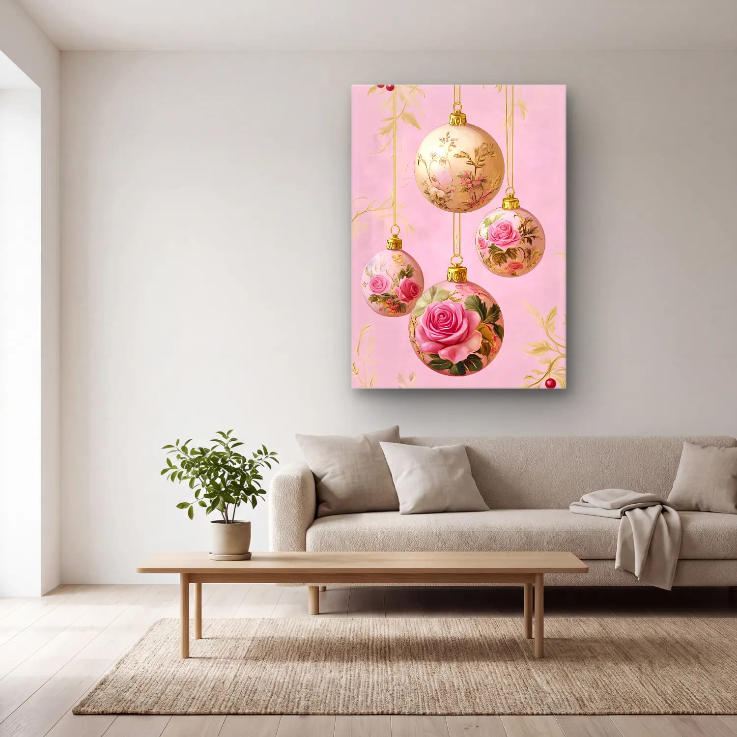 Pastel Yılbaşı Süsleri No. 6 cam tablo — açık renk salonda