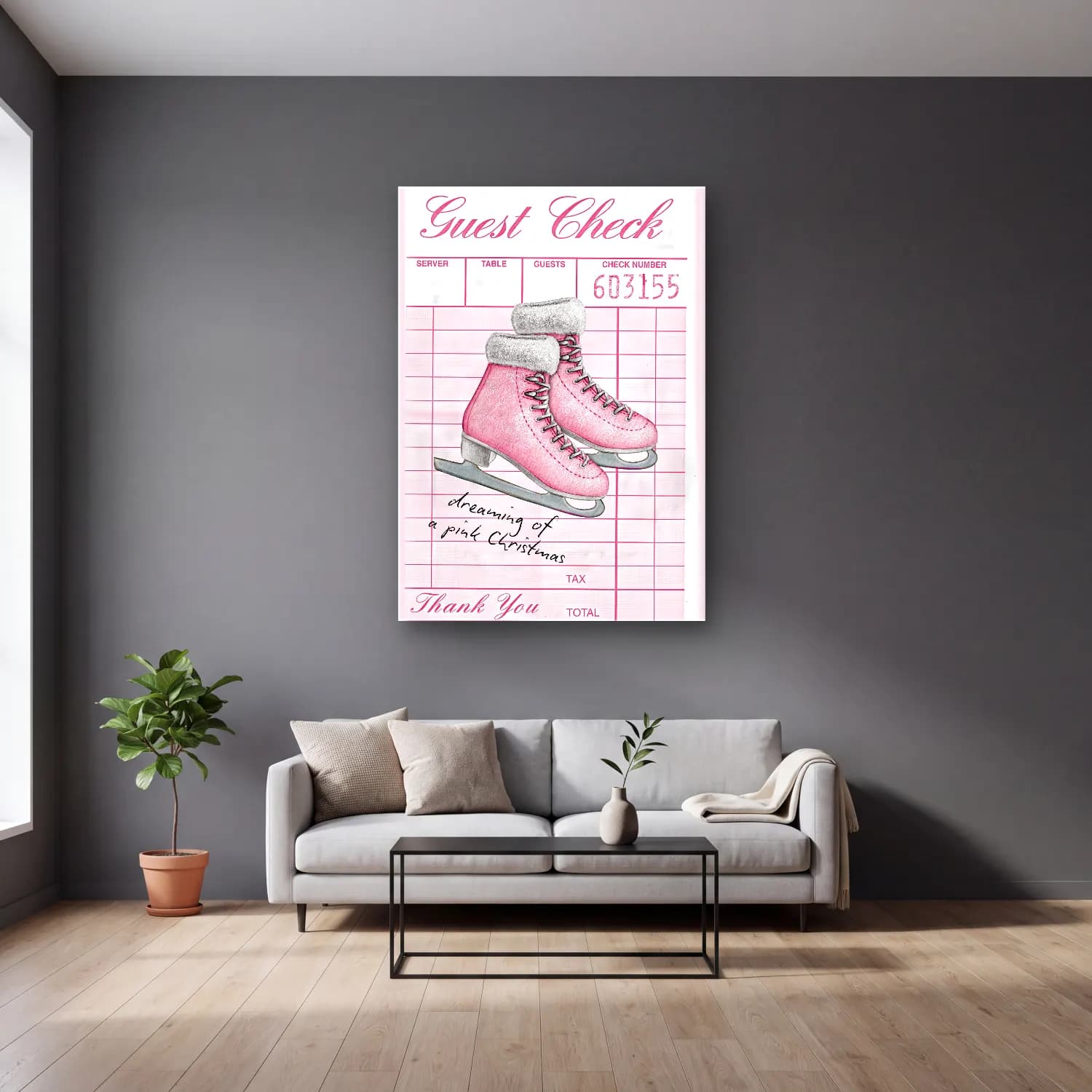 Pastel Yılbaşı Süsleri No. 7 cam tablo — gri duvarlı salonda
