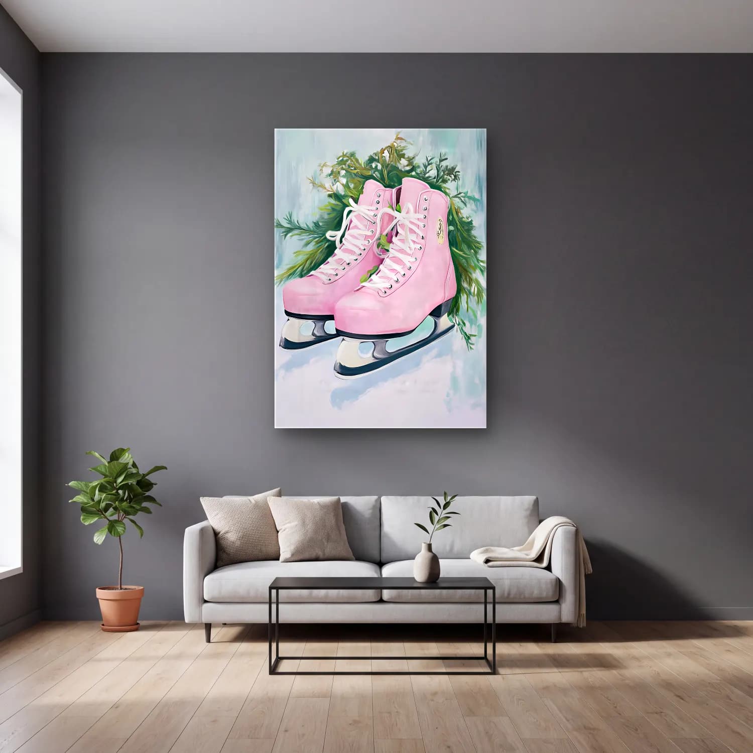 Pastel Yılbaşı Ağacı No. 7 cam tablo — gri duvarlı salonda