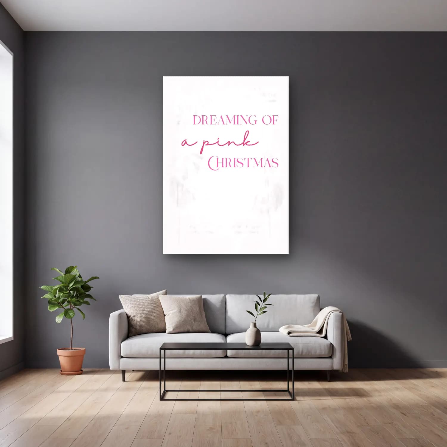 Pastel Yılbaşı Süsleri No. 8 cam tablo — gri duvarlı salonda