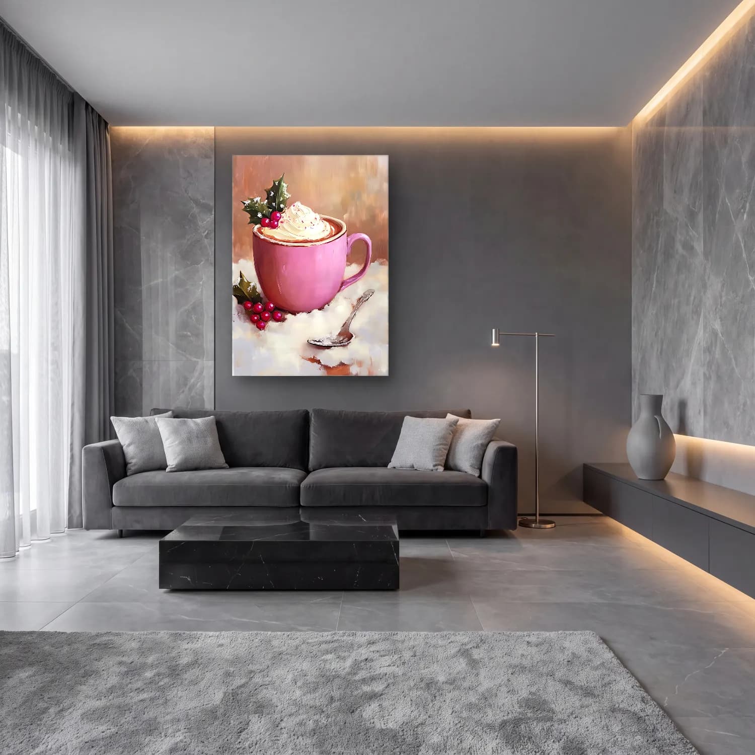 Yağlı Boya Kahve Fincanı – Pembe Tonlar cam tablo — lüks salon duvarında