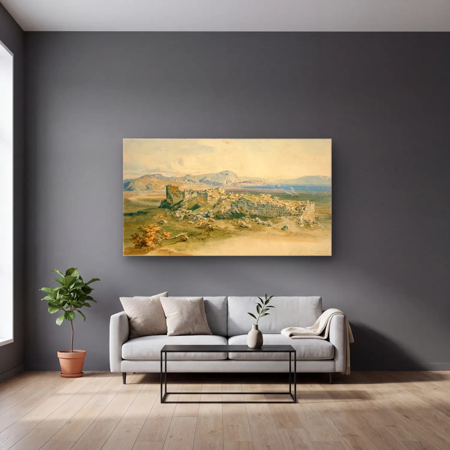 Carl Rottmann – Tiryns cam tablo — gri duvarlı salonda