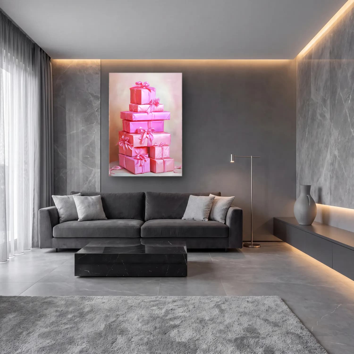 Pastel Hediye Paketleri No. 5 cam tablo — lüks salon duvarında
