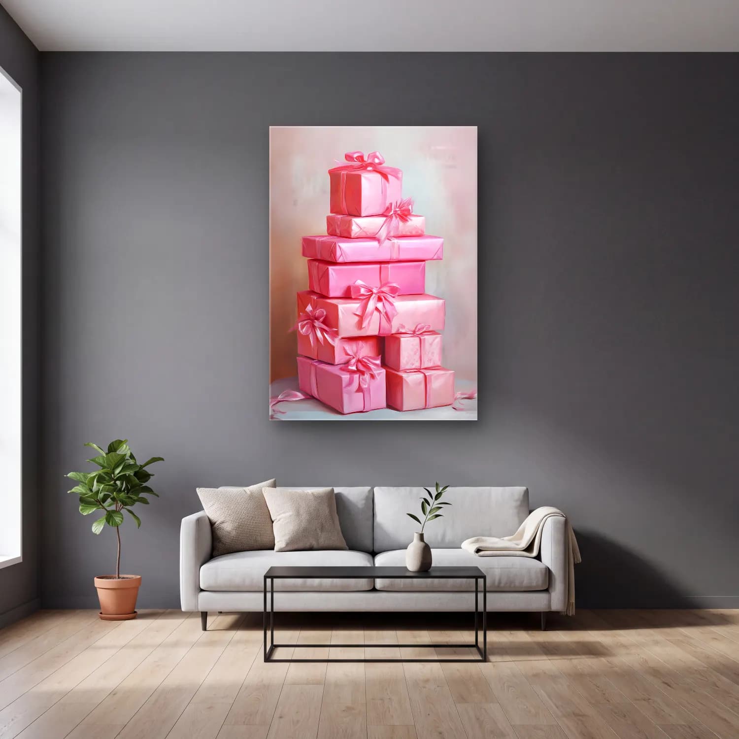 Pastel Hediye Paketleri No. 5 cam tablo — gri duvarlı salonda