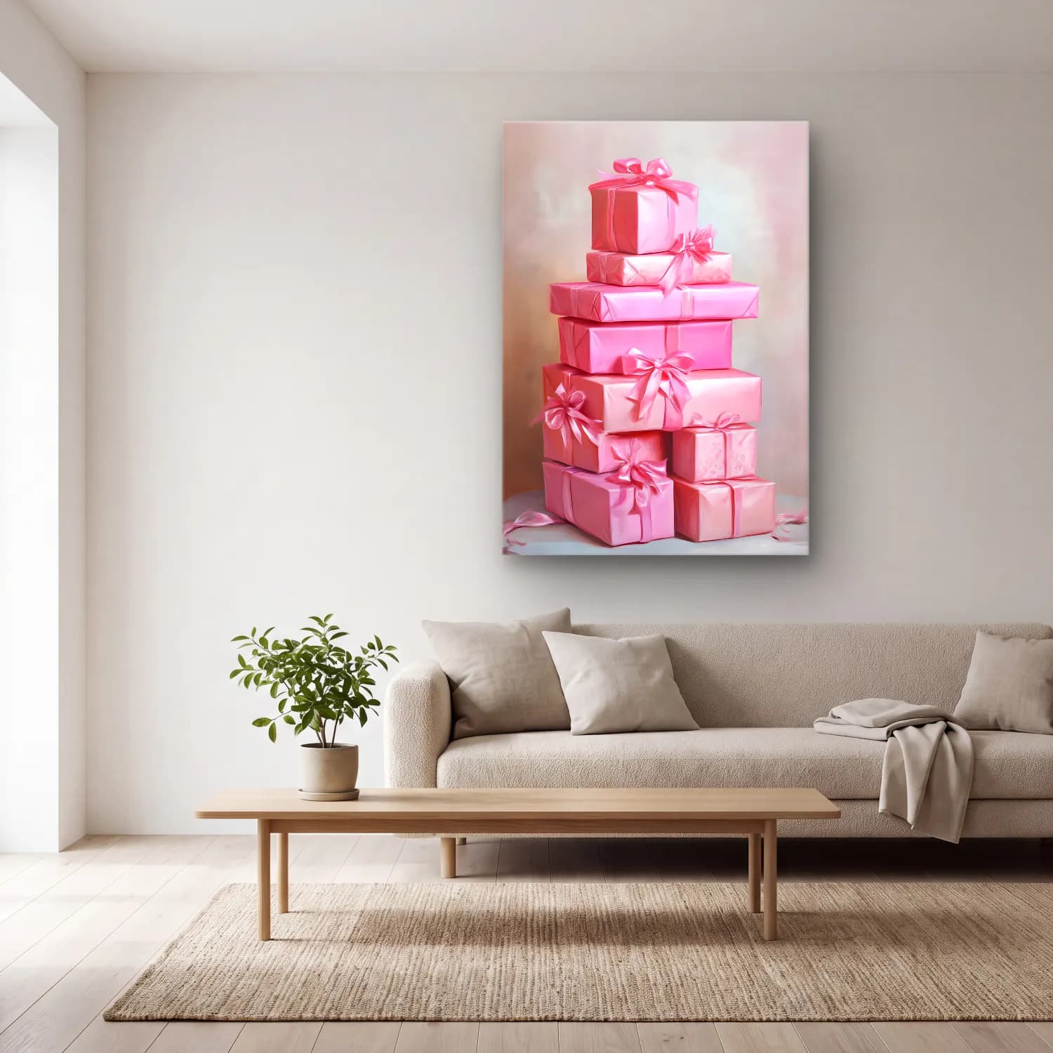 Pastel Hediye Paketleri No. 5 cam tablo — açık renk salonda