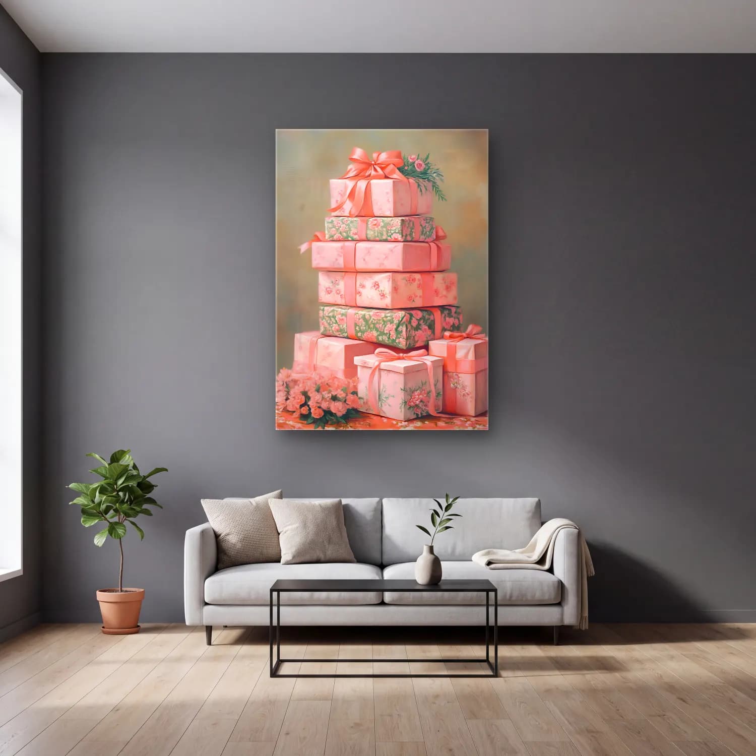 Pastel Hediye Paketleri No. 6 cam tablo — gri duvarlı salonda