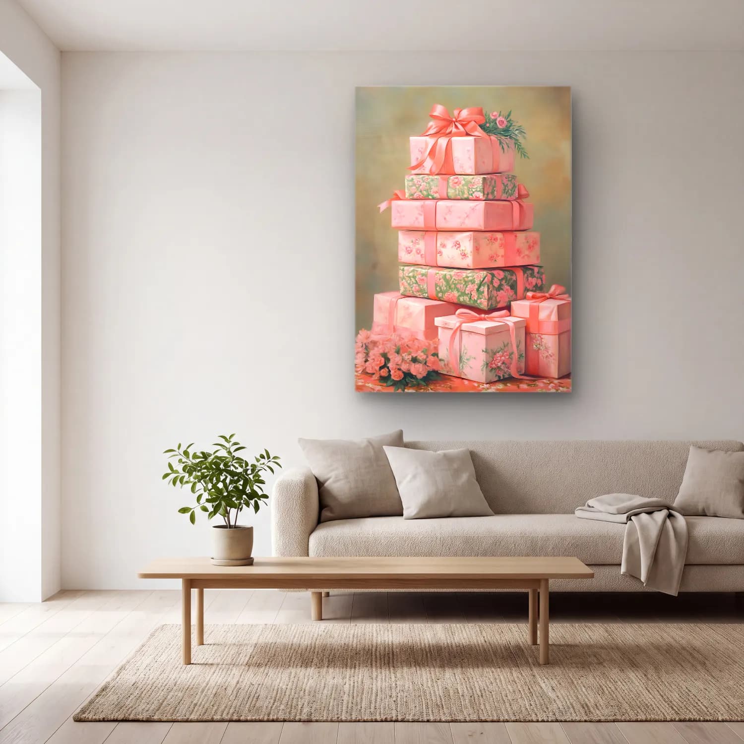 Pastel Hediye Paketleri No. 6 cam tablo — açık renk salonda
