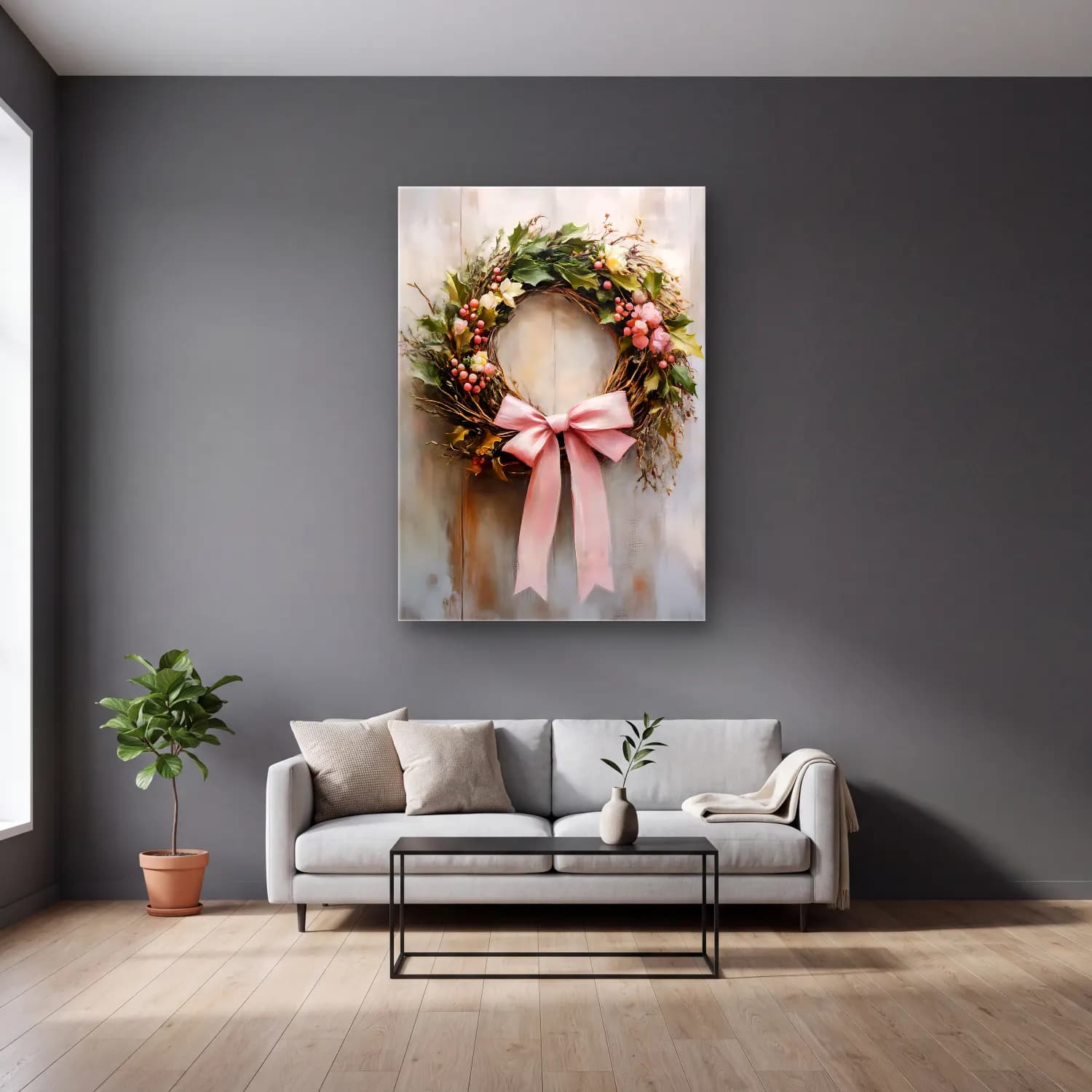 Yağlı Boya Çelenk – Pembe Tonlar cam tablo — gri duvarlı salonda