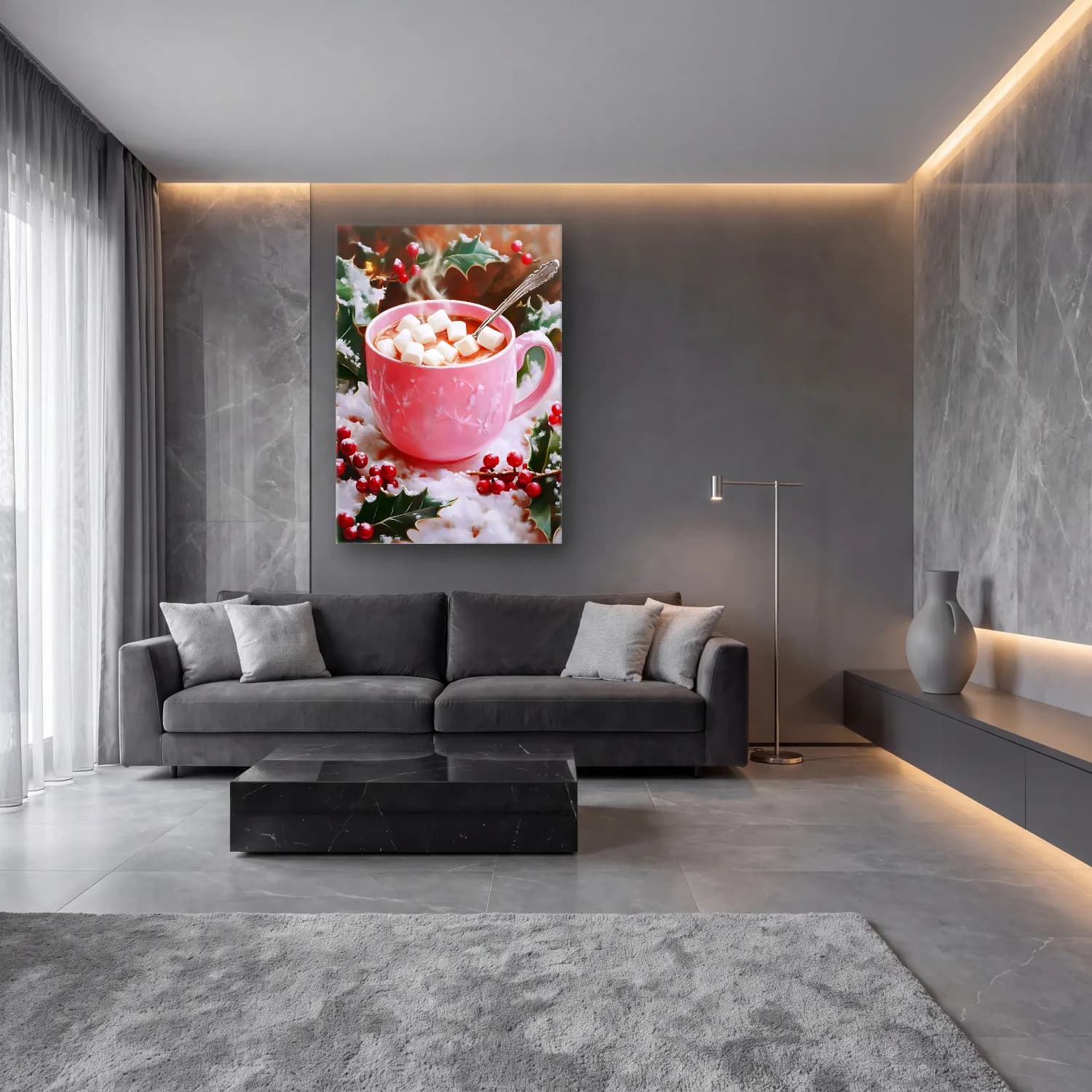 Yağlı Boya Çay Fincanı – Pembe Tonlar cam tablo — lüks salon duvarında