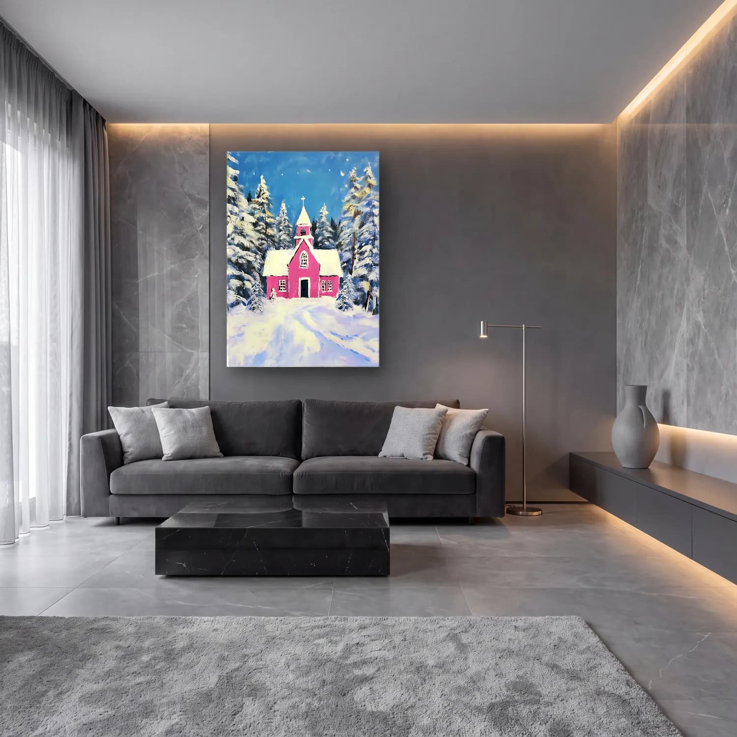 Yağlı Boya Katedral No. 7 cam tablo — lüks salon duvarında