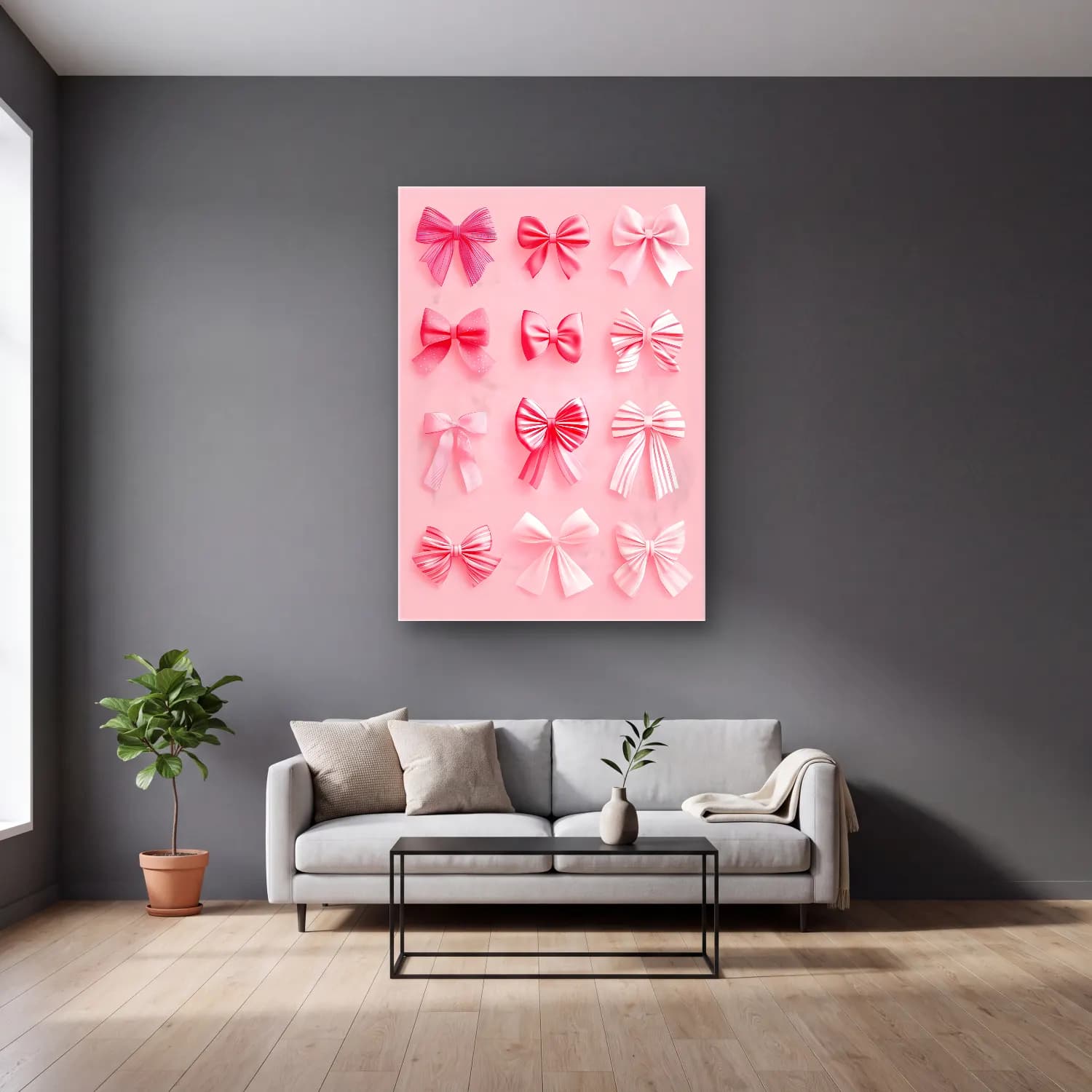 Pastel Fiyonk No. 3 cam tablo — gri duvarlı salonda