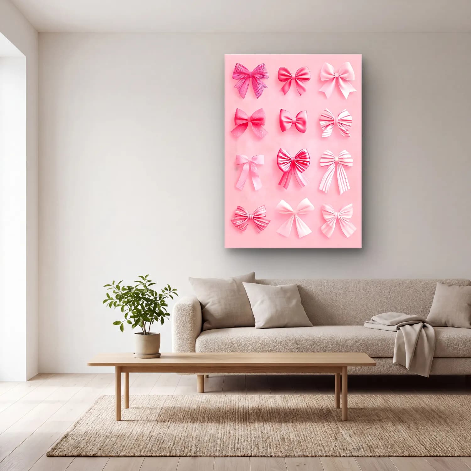 Pastel Fiyonk No. 3 cam tablo — açık renk salonda