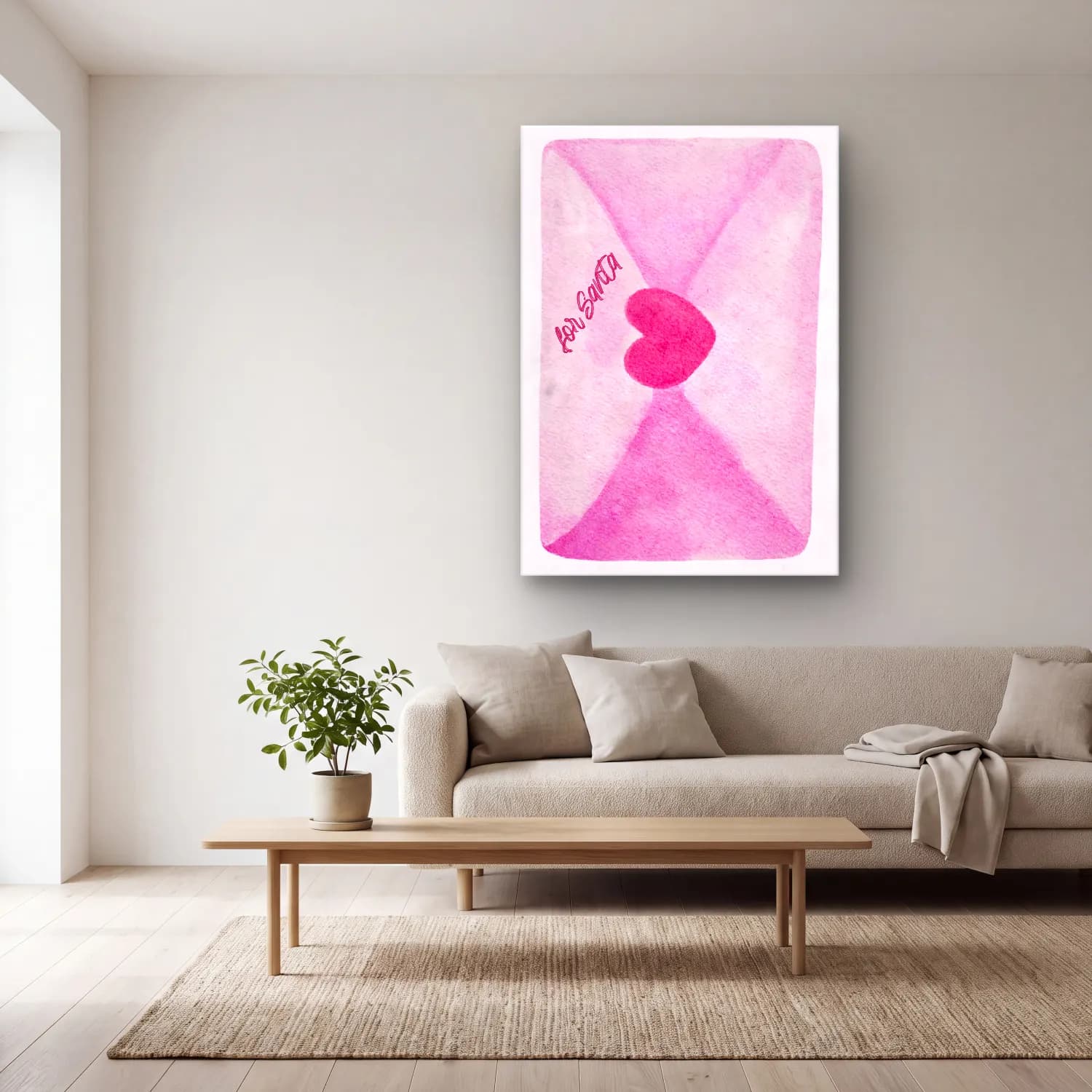Suluboya Noel Baba – Pembe Tonlar cam tablo — açık renk salonda
