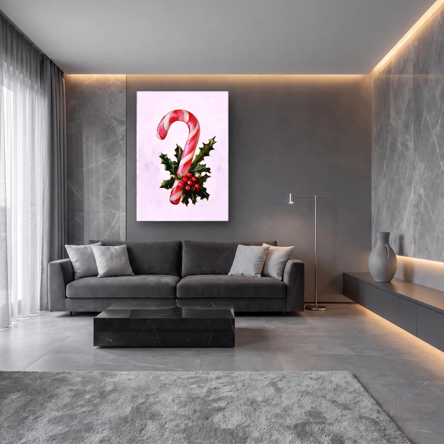 Pastel Yılbaşı Süsleri No. 11 cam tablo — lüks salon duvarında