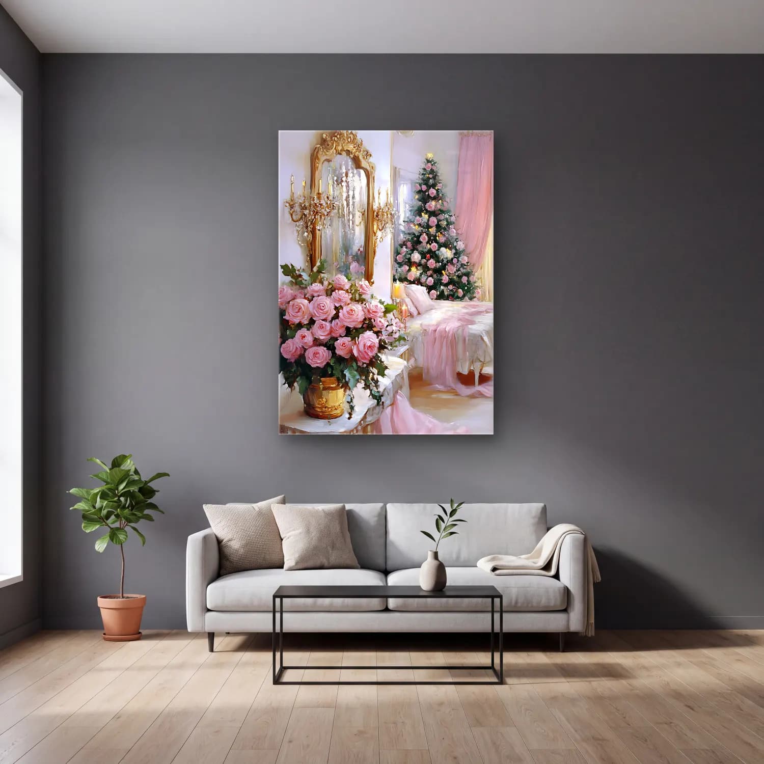 Pastel Güller No. 4 cam tablo — gri duvarlı salonda