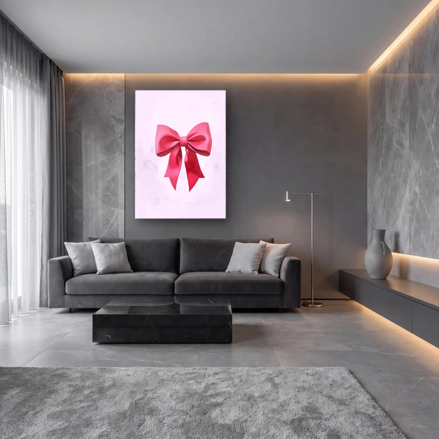 Pastel Fiyonk No. 4 cam tablo — lüks salon duvarında