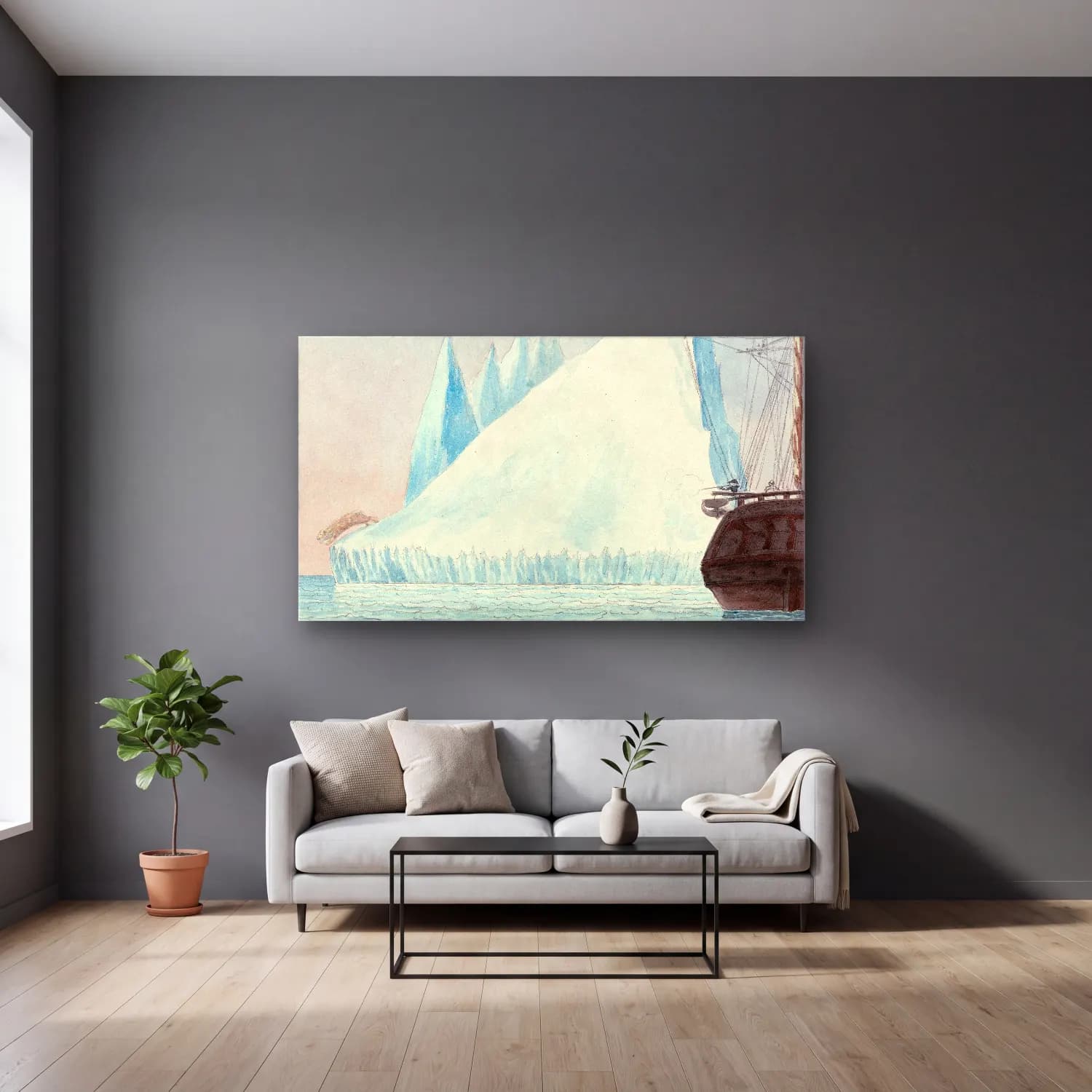 Charles Hamilton Smith – An Iceberg and Polar Bear Shot at cam tablo — gri duvarlı salonda