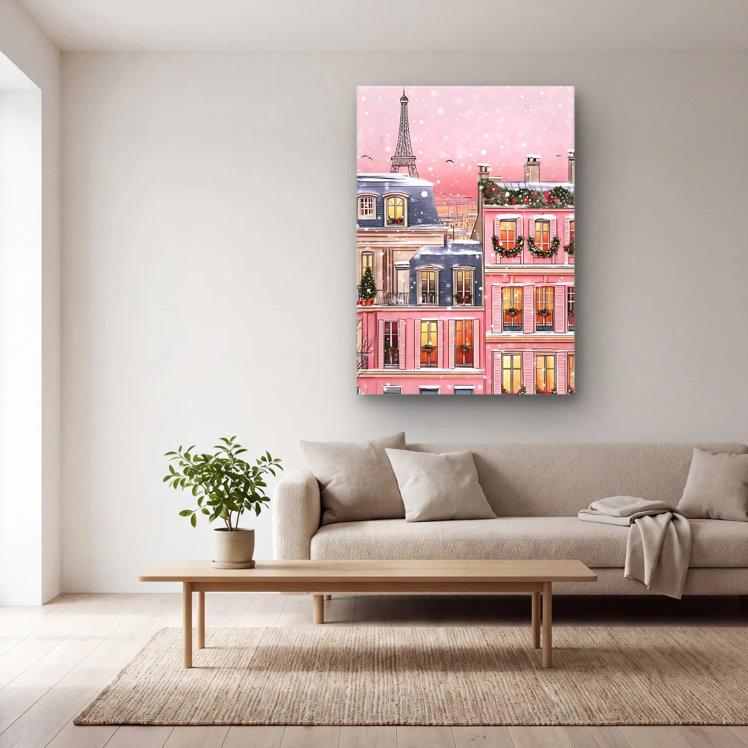 Pastel Paris ve Eyfel Kulesi No. 2 cam tablo — açık renk salonda