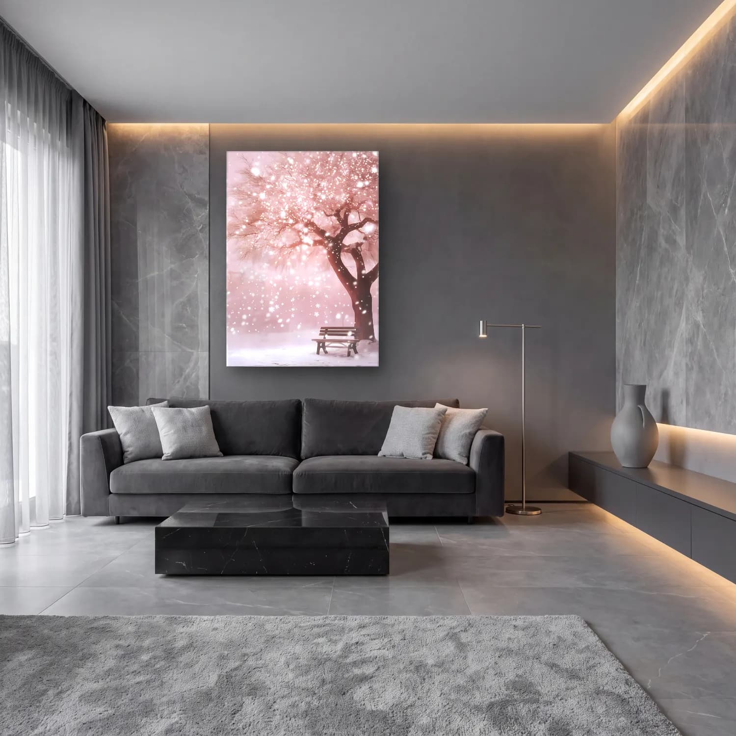 Pastel Kiraz Çiçekleri No. 5 cam tablo — lüks salon duvarında