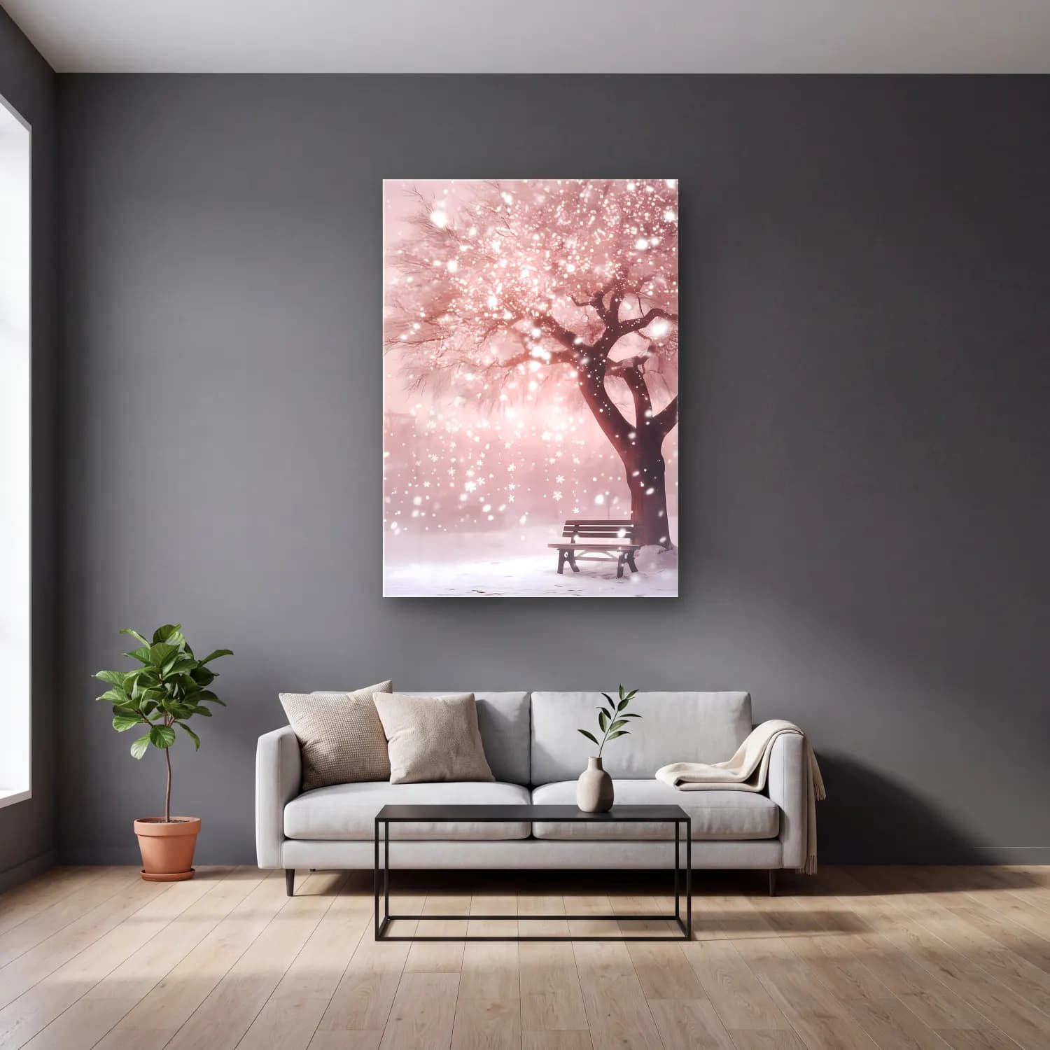 Pastel Kiraz Çiçekleri No. 5 cam tablo — gri duvarlı salonda