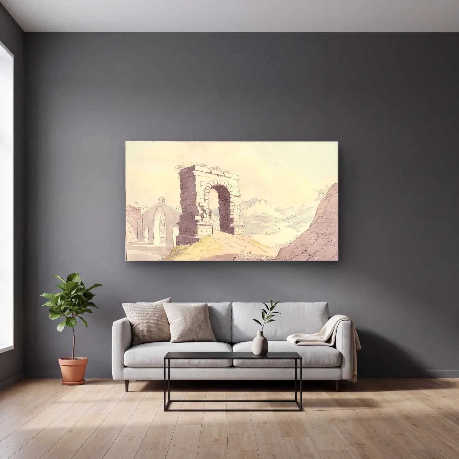 Charles Hamilton Smith – Bridge & Arch of Martorel, Catalonia cam tablo — gri duvarlı salonda