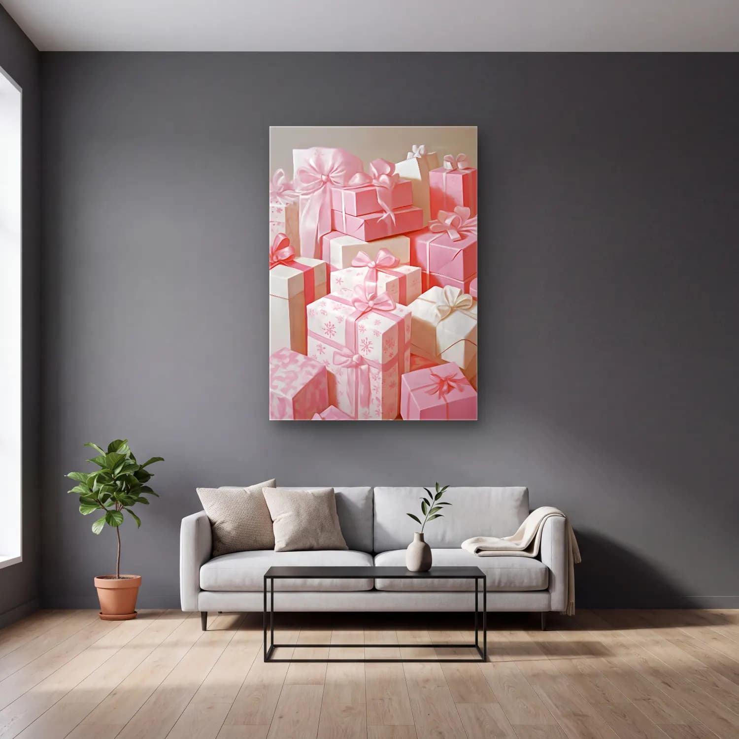 Pastel Hediye Paketleri No. 7 cam tablo — gri duvarlı salonda