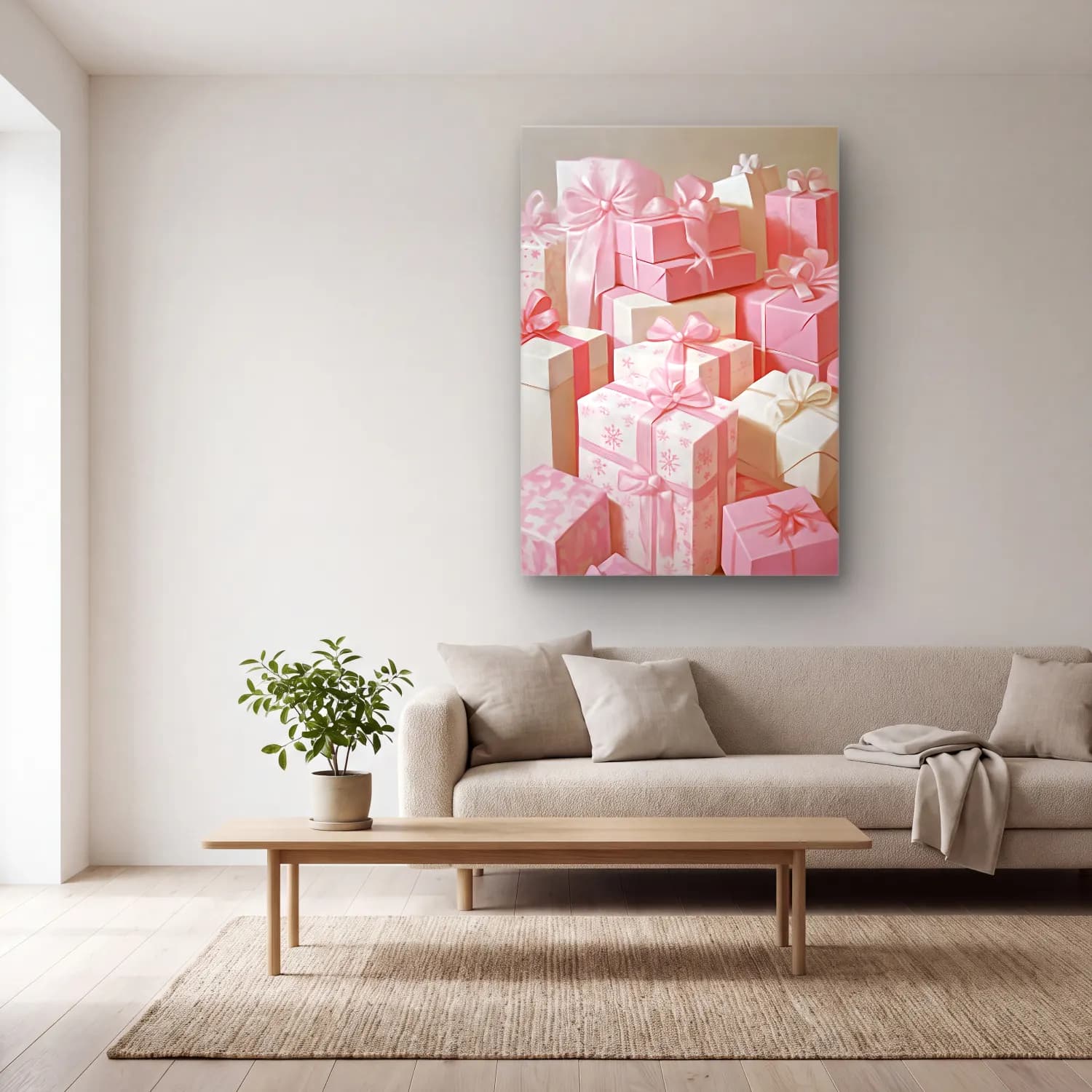 Pastel Hediye Paketleri No. 7 cam tablo — açık renk salonda