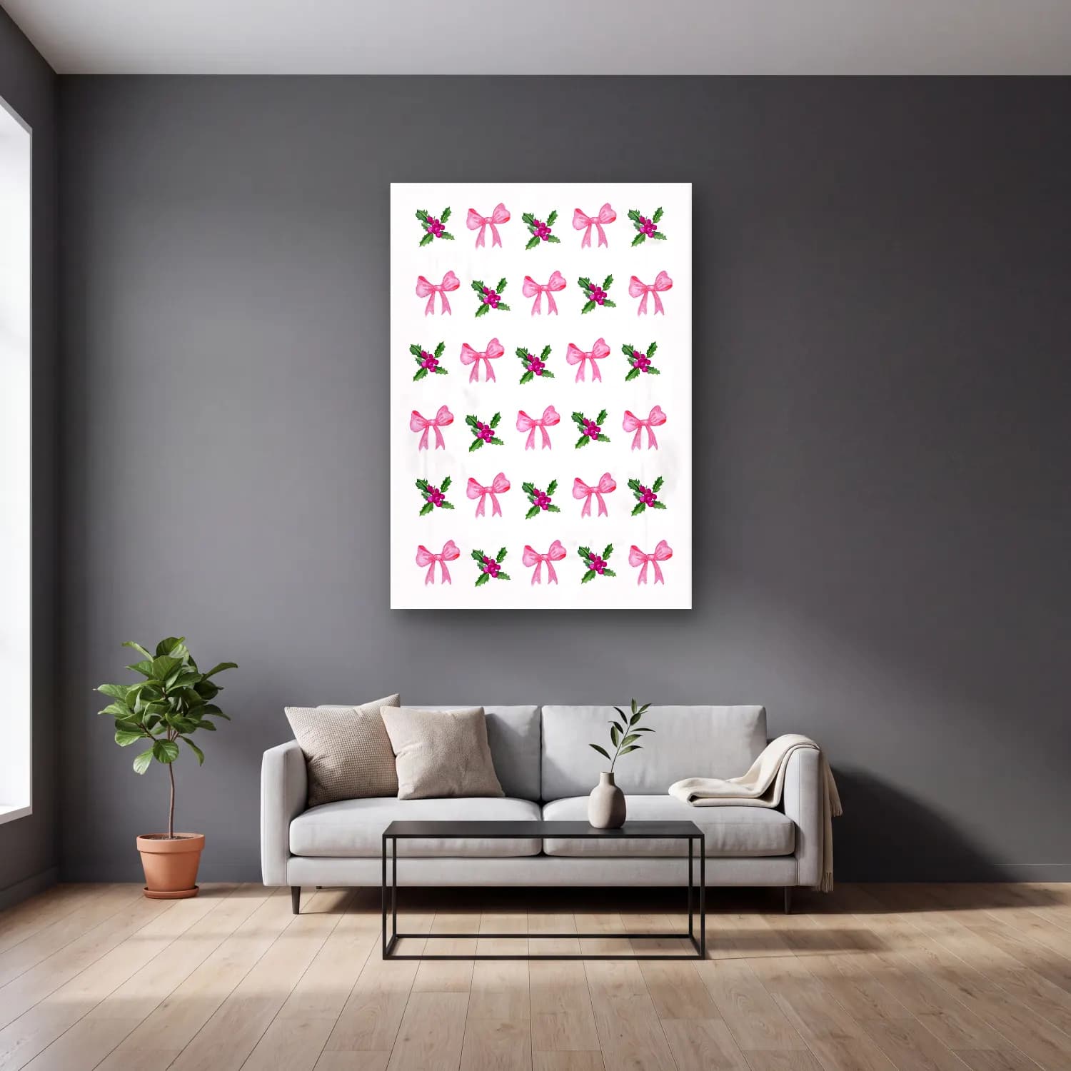Pastel Fiyonk No. 8 cam tablo — gri duvarlı salonda