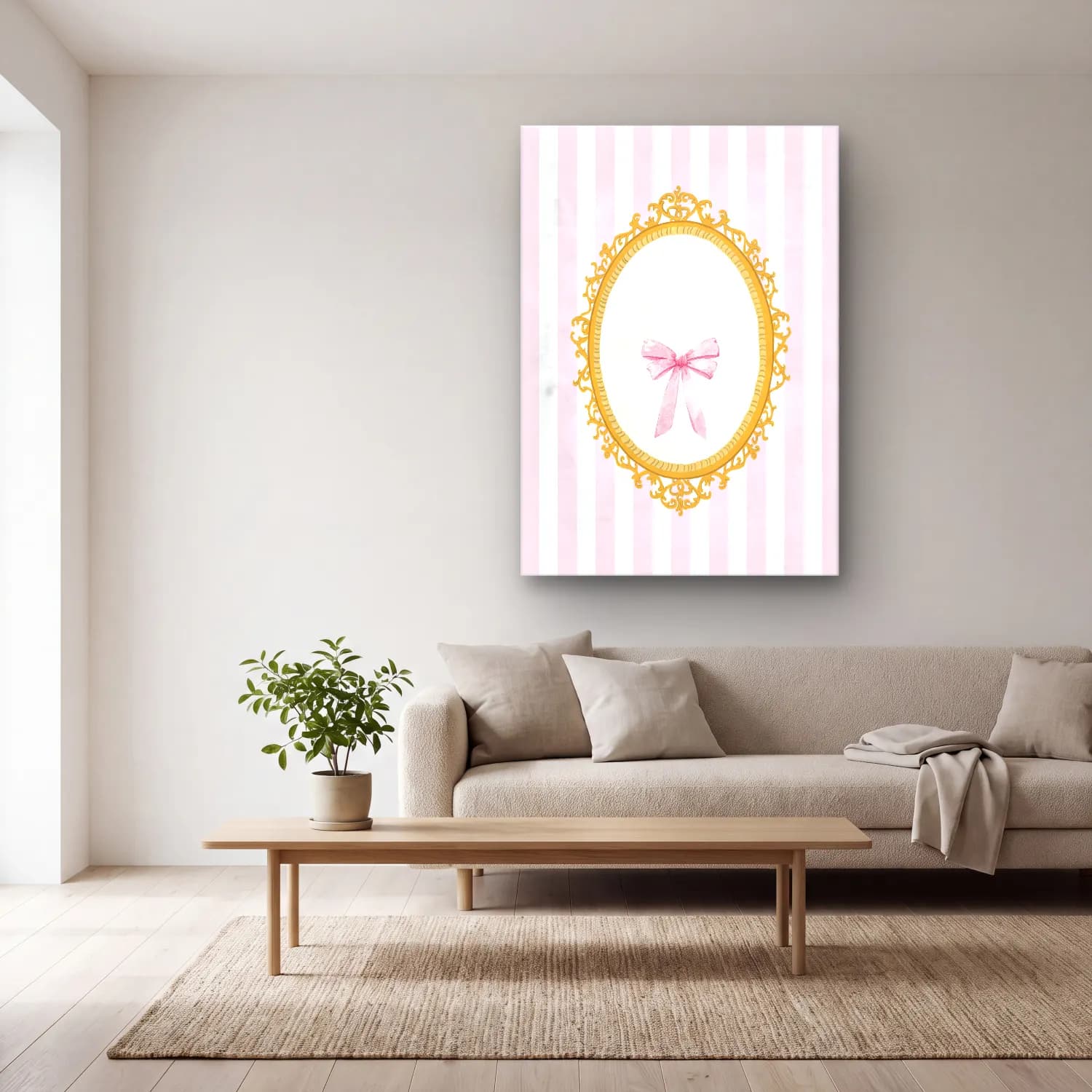 Pastel Fiyonk No. 9 cam tablo — açık renk salonda