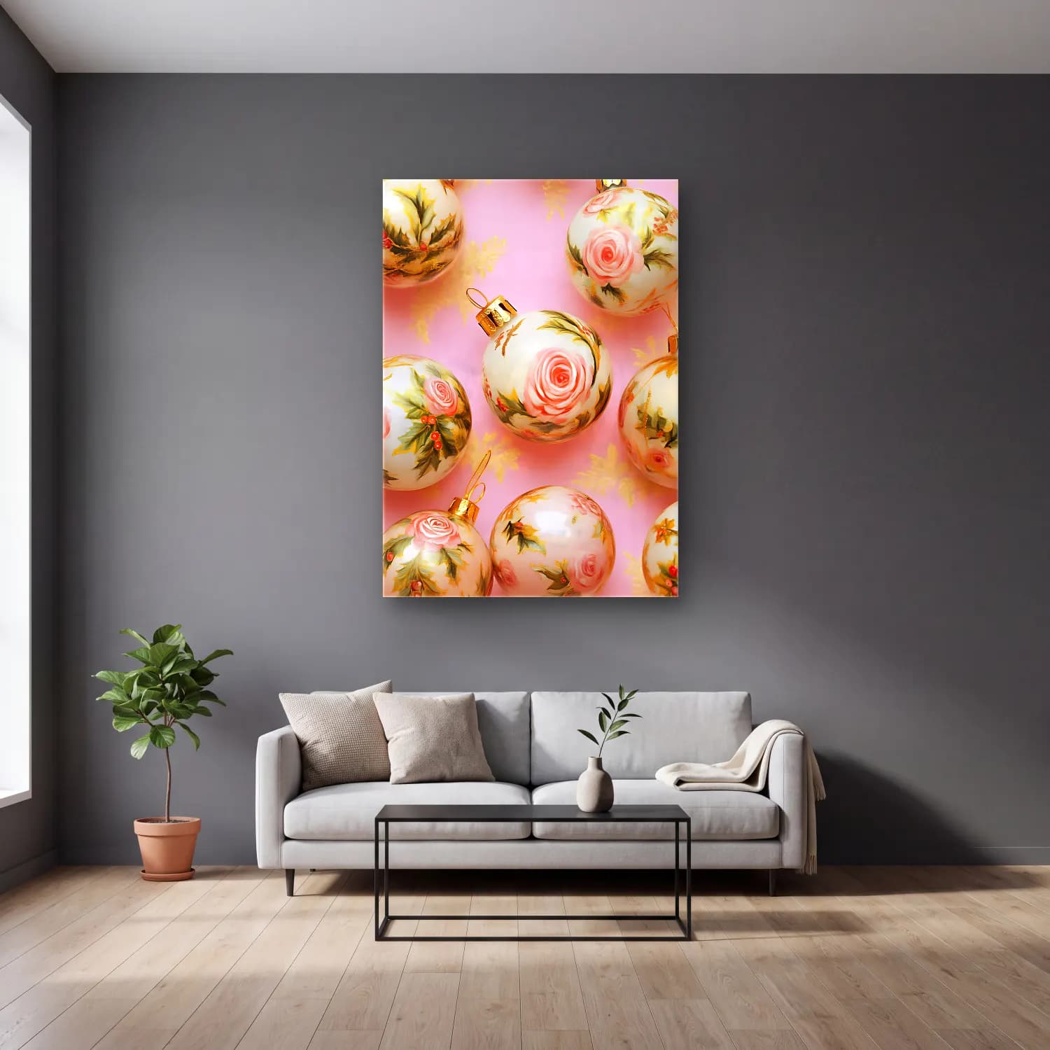 Pastel Yılbaşı Süsleri No. 15 cam tablo — gri duvarlı salonda