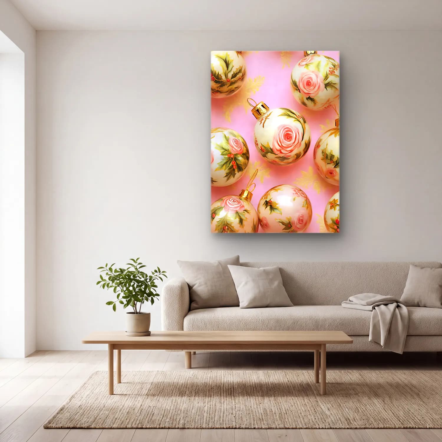 Pastel Yılbaşı Süsleri No. 15 cam tablo — açık renk salonda