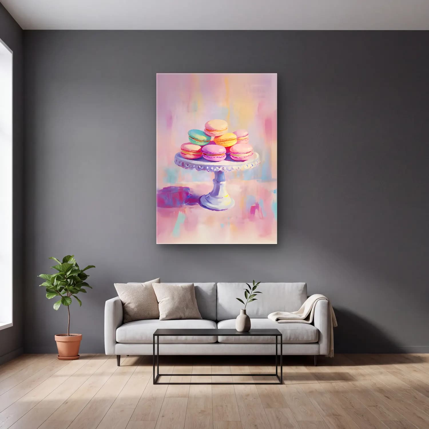 Pastel Tatlılar No. 7 cam tablo — gri duvarlı salonda