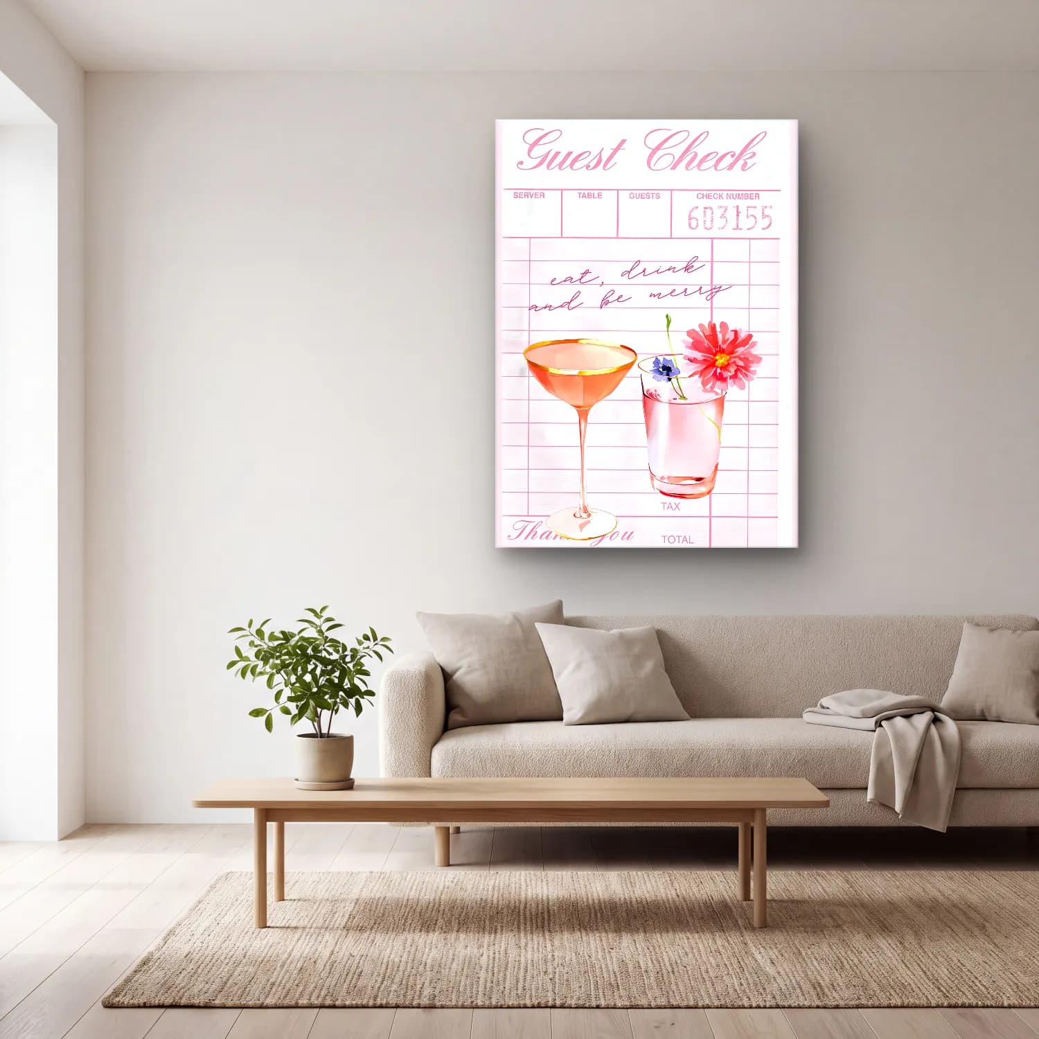 Pastel Kokteyl No. 14 cam tablo — açık renk salonda