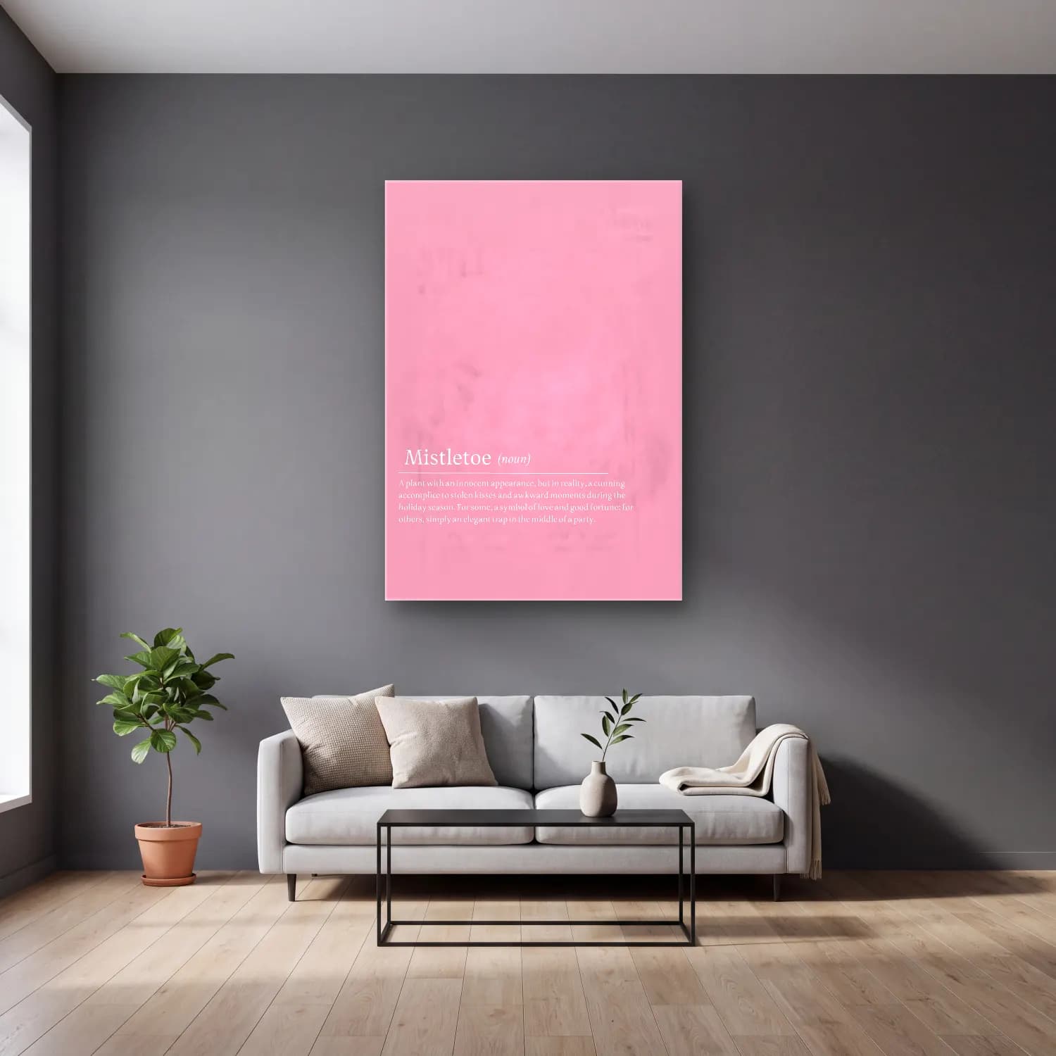 Pastel Yılbaşı Ağacı No. 16 cam tablo — gri duvarlı salonda