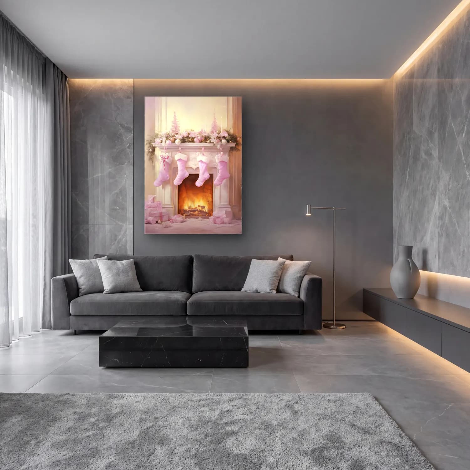 Pastel Yılbaşı Süsleri No. 16 cam tablo — lüks salon duvarında
