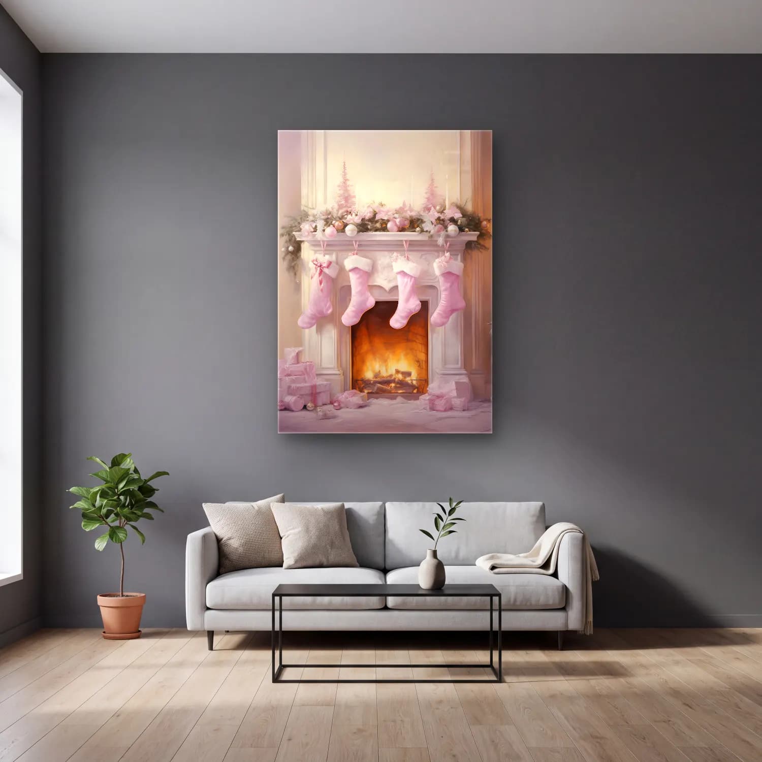 Pastel Yılbaşı Süsleri No. 16 cam tablo — gri duvarlı salonda