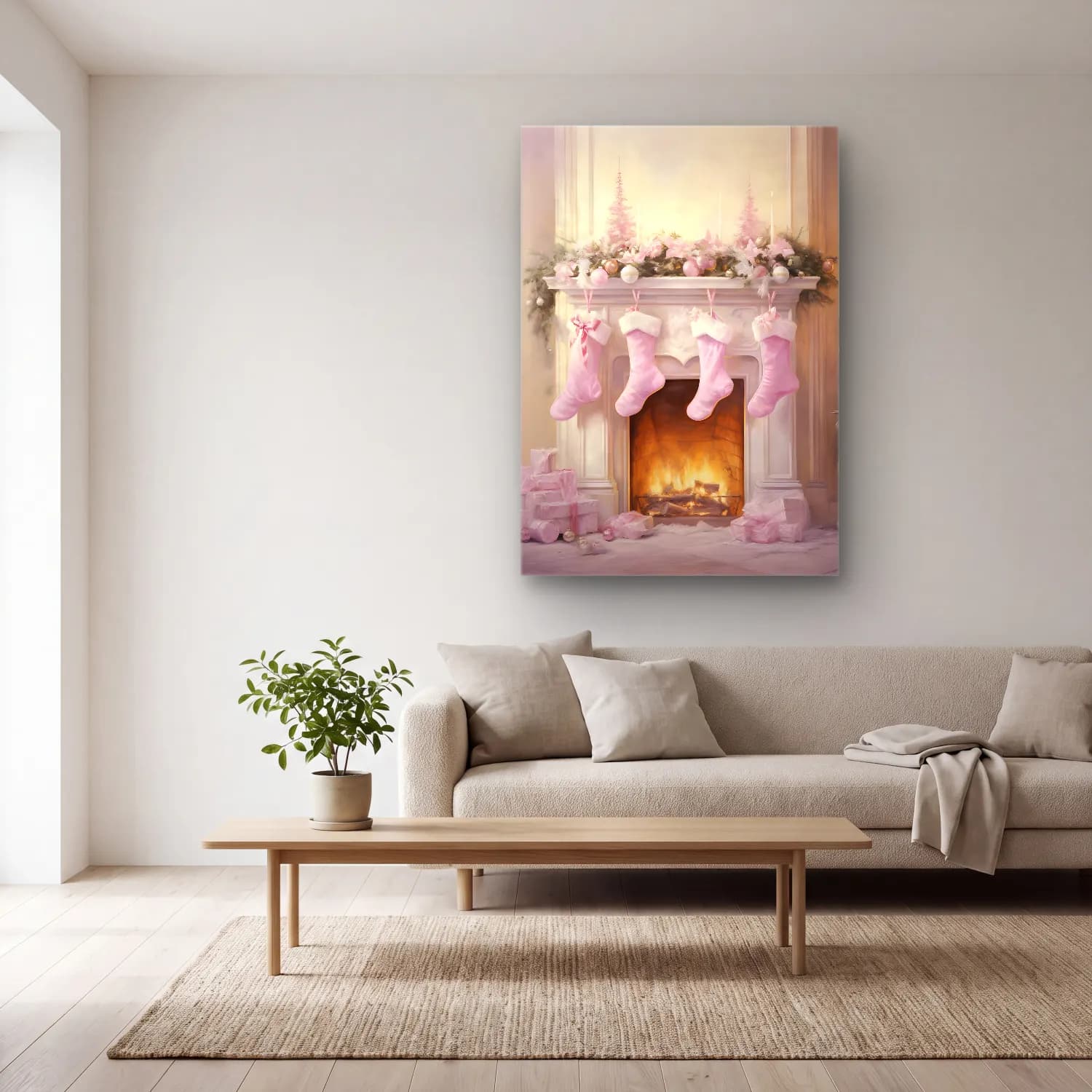 Pastel Yılbaşı Süsleri No. 16 cam tablo — açık renk salonda