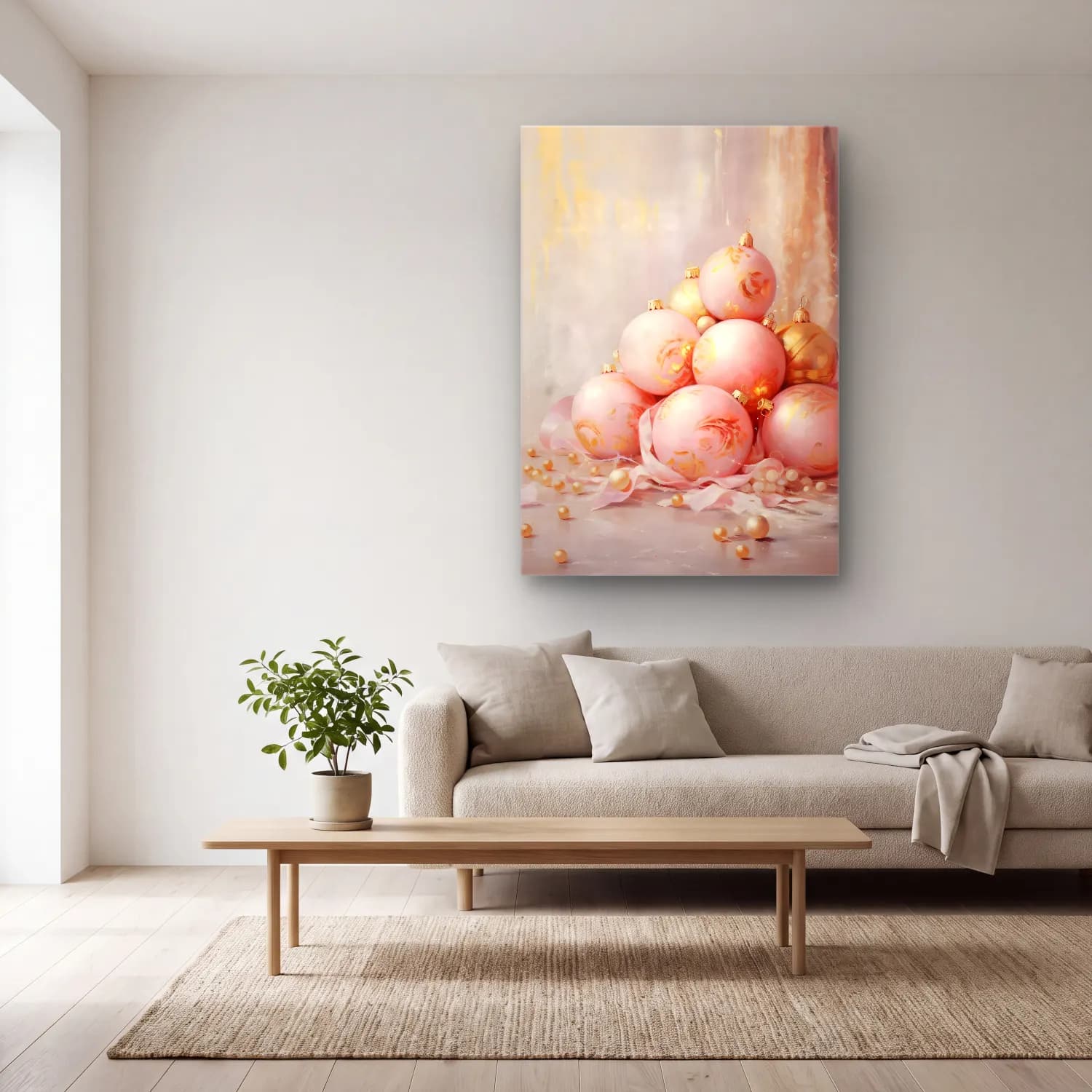 Pastel Yılbaşı Süsleri No. 17 cam tablo — açık renk salonda