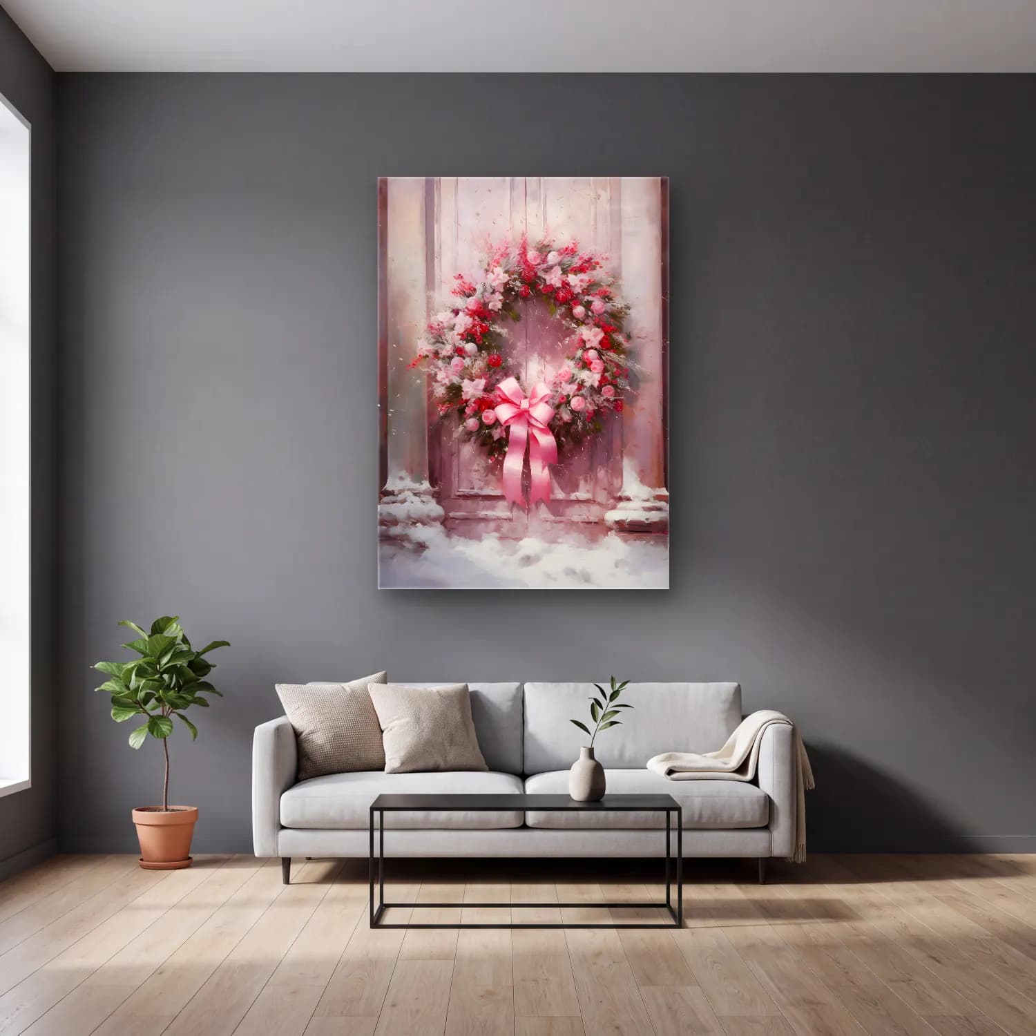 Pastel Çelenk No. 3 cam tablo — gri duvarlı salonda