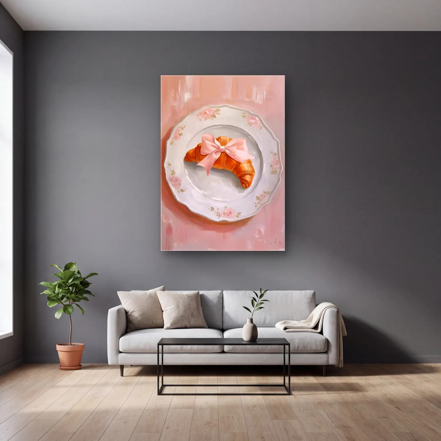 Pastel Fiyonk No. 12 cam tablo — gri duvarlı salonda