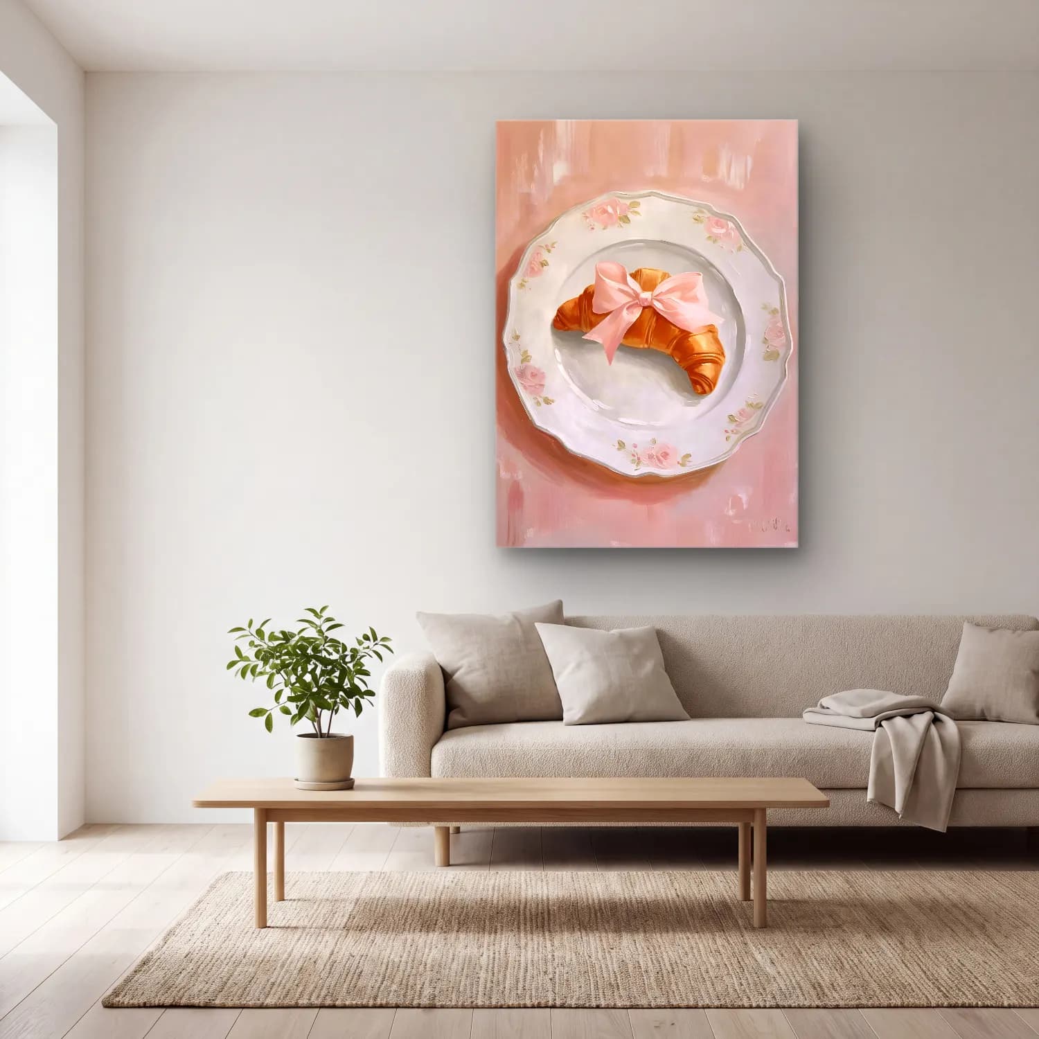 Pastel Fiyonk No. 12 cam tablo — açık renk salonda