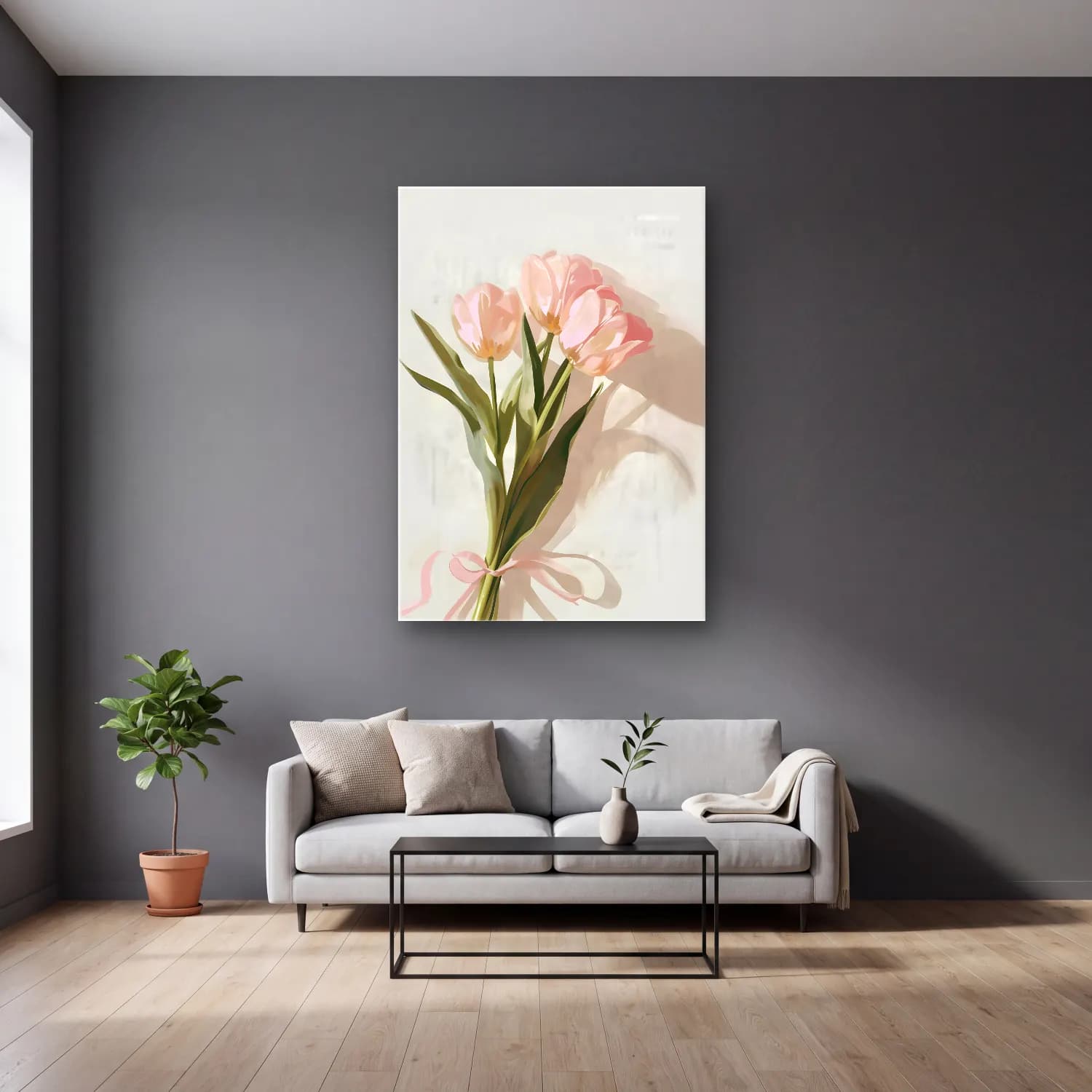 Pastel Laleler No. 3 cam tablo — gri duvarlı salonda