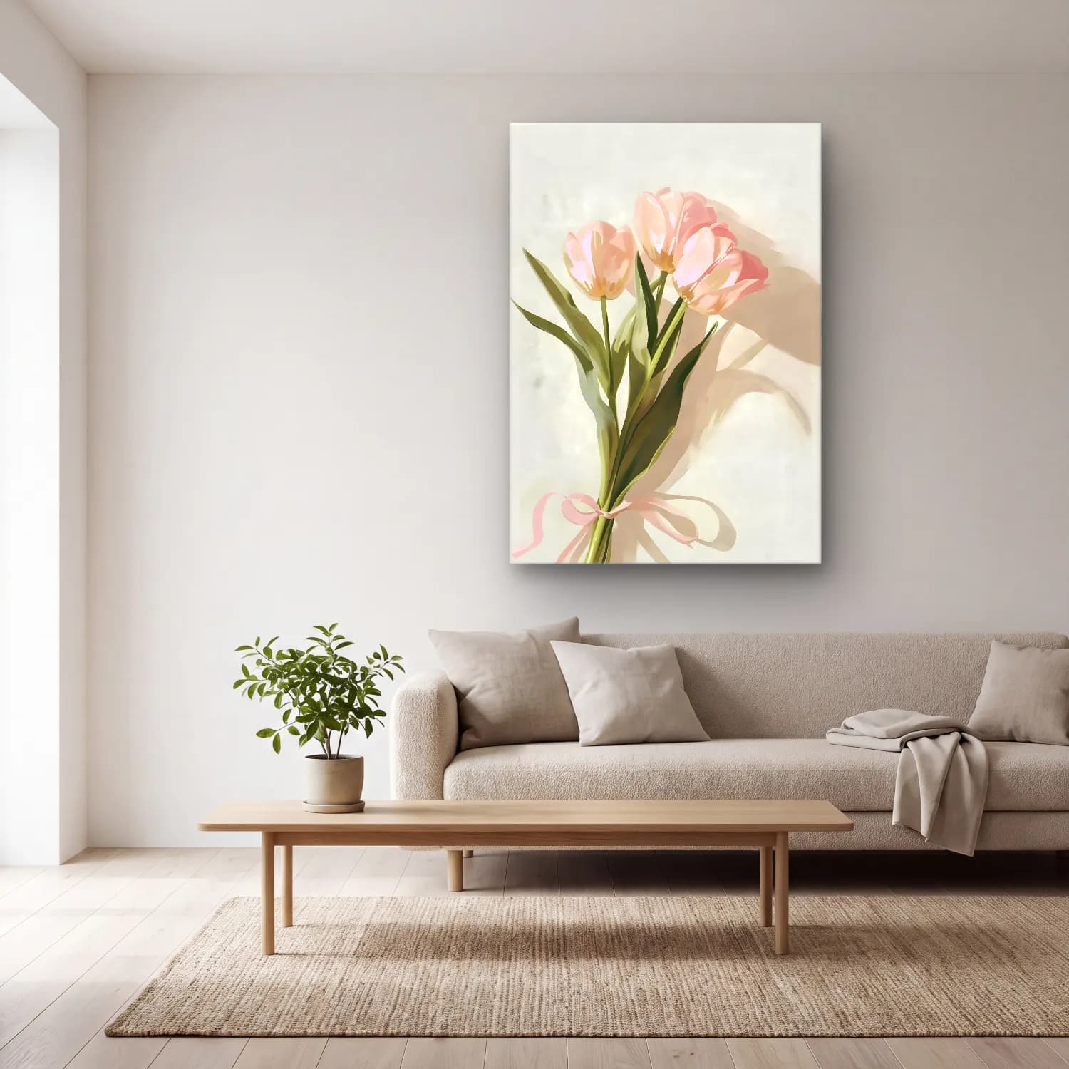 Pastel Laleler No. 3 cam tablo — açık renk salonda
