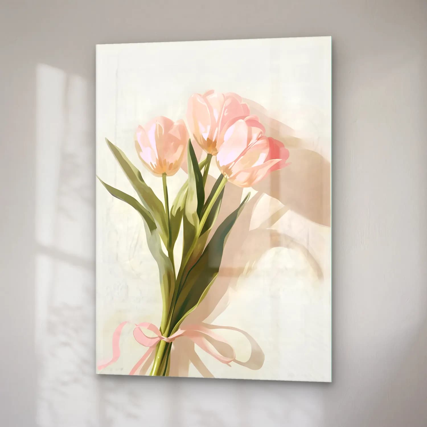 Pastel Laleler No. 3 cam tablo — sağ açıdan görünüm
