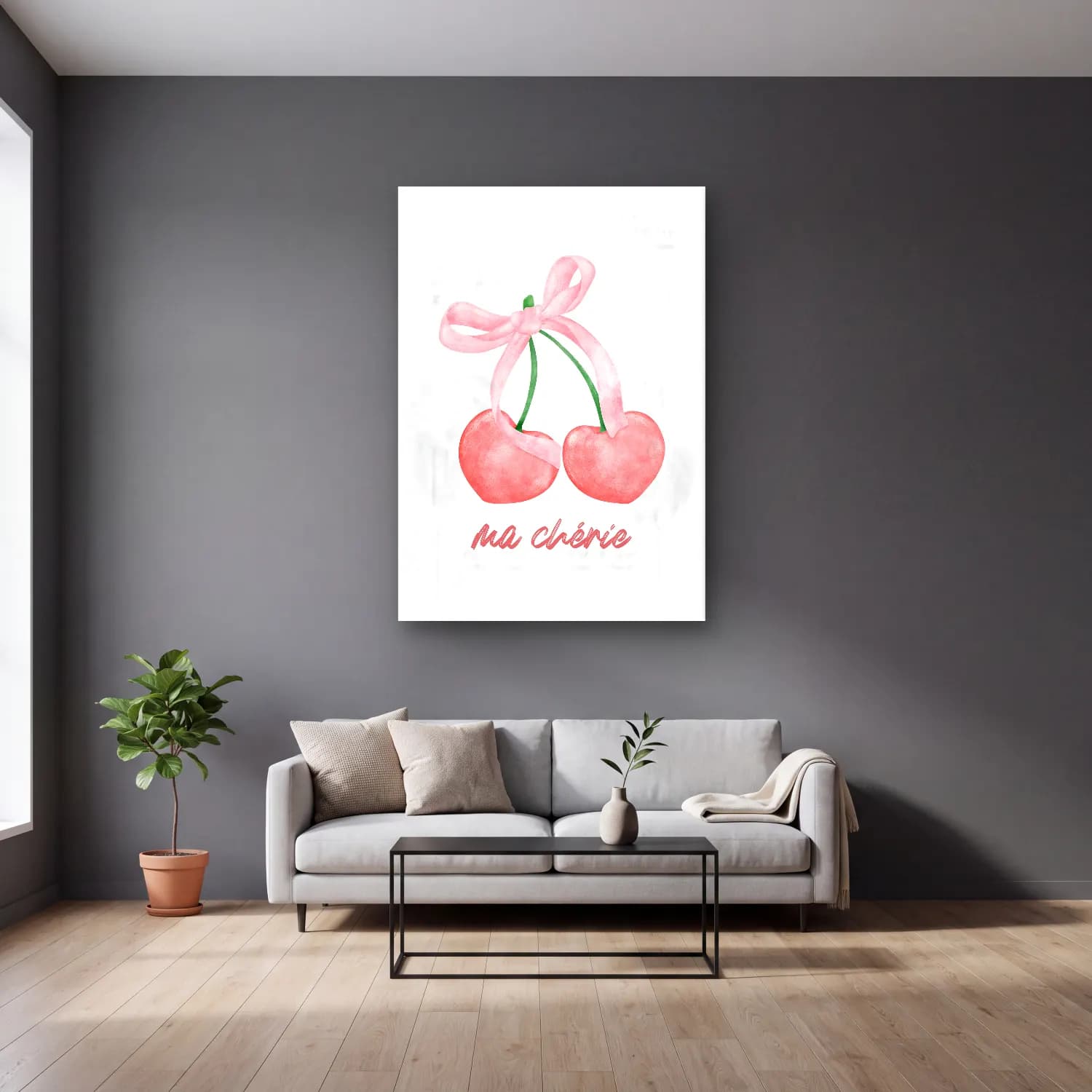 Pastel Kirazlar No. 3 cam tablo — gri duvarlı salonda