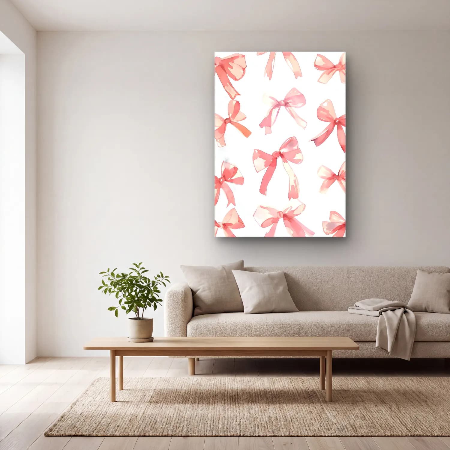 Pastel Fiyonk No. 15 cam tablo — açık renk salonda