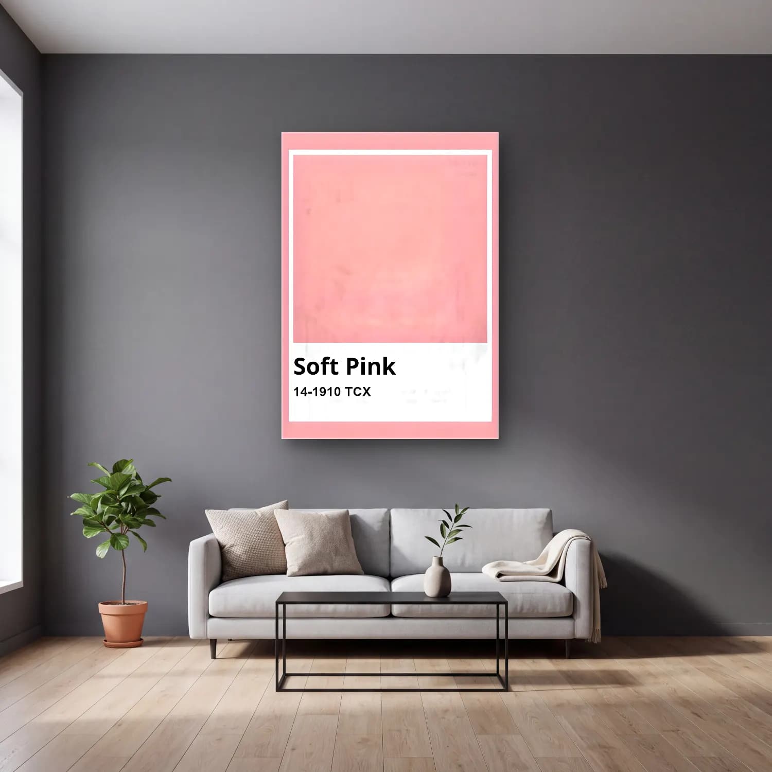 Pastel Renk Alanları No. 45 cam tablo — gri duvarlı salonda